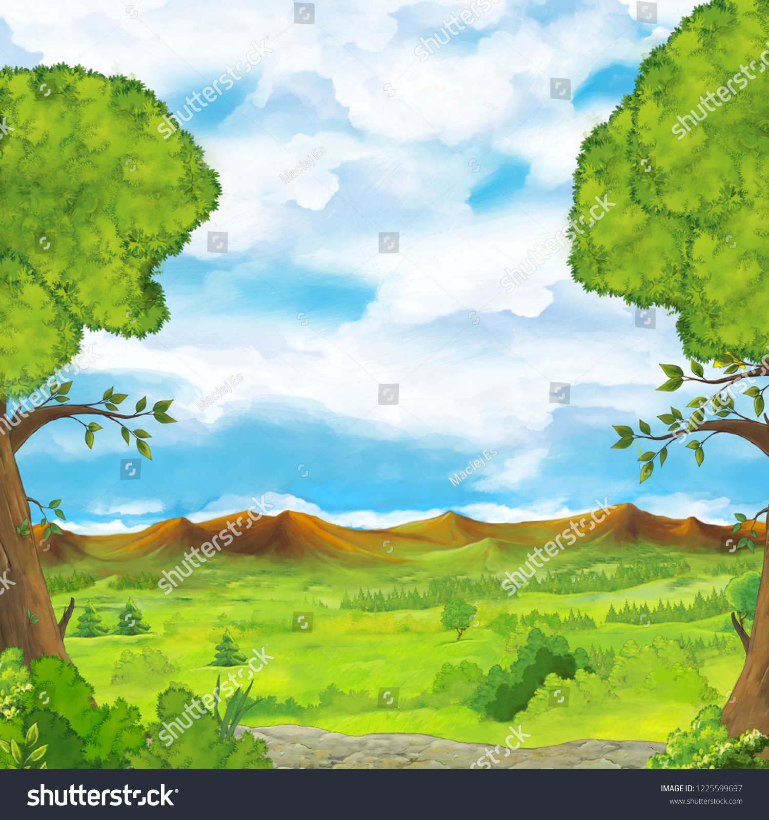 cartoon scene with meadow mountains and trees