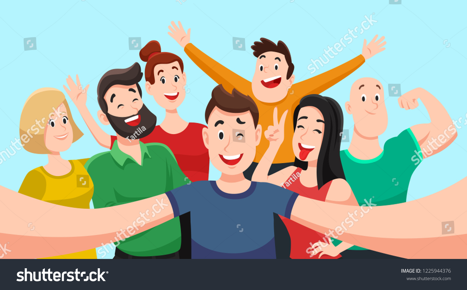 People group selfie. Friendly guy makes group photo with smiling friends on smartphone camera in hands  taking self portrait photos. Telephone photography vector cartoon illustration