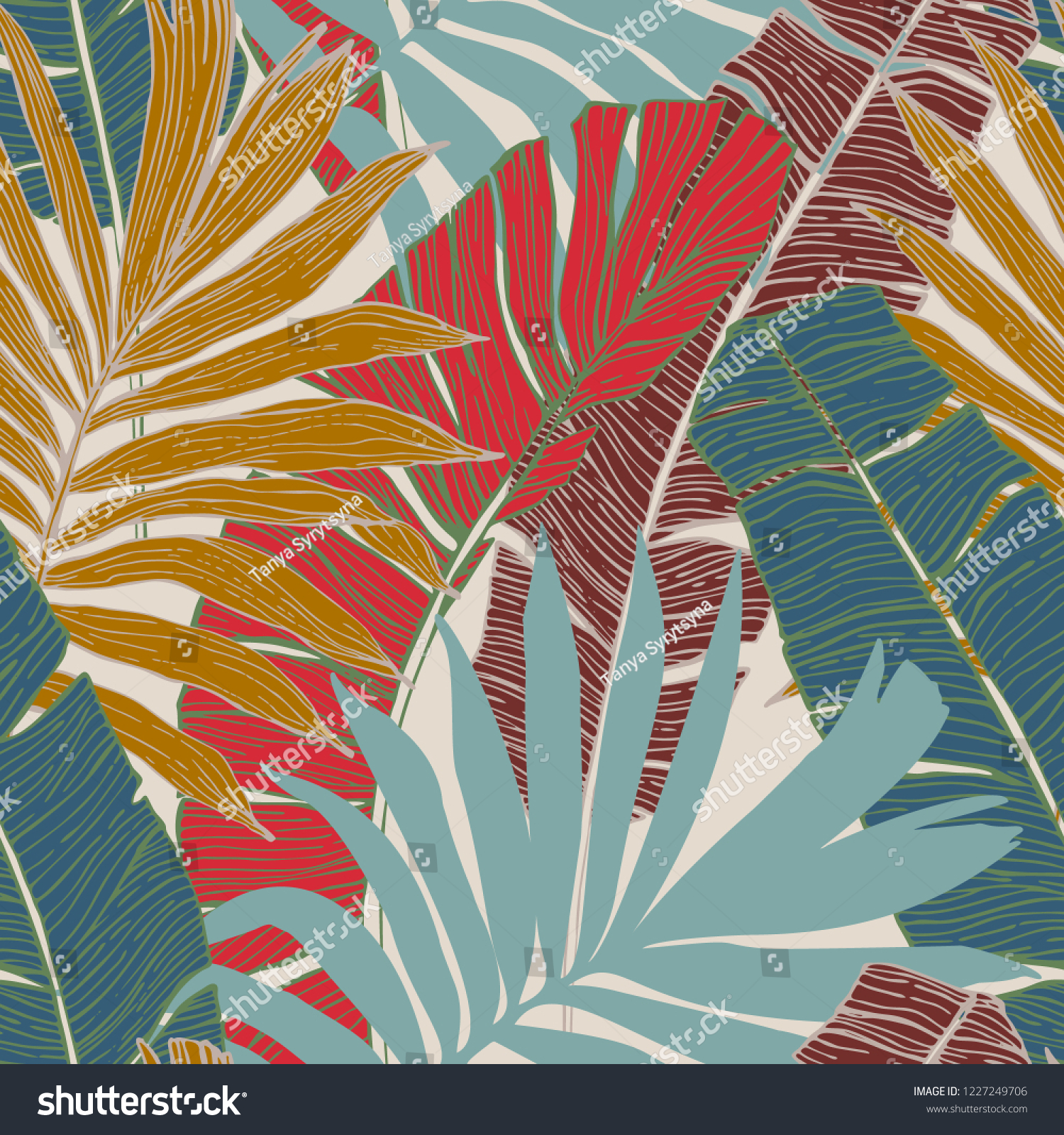 Nature seamless pattern. Hand drawn abstract tropical summer background : palm tree and banana leaves in silhouette  line art. Vector art illustration in golden retro colors
