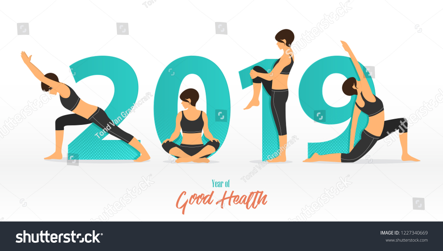 Happy New Year 2019 banner with yoga poses. Year of good health. Banner design template for New Year decoration in Yoga Concept. Vector illustration.