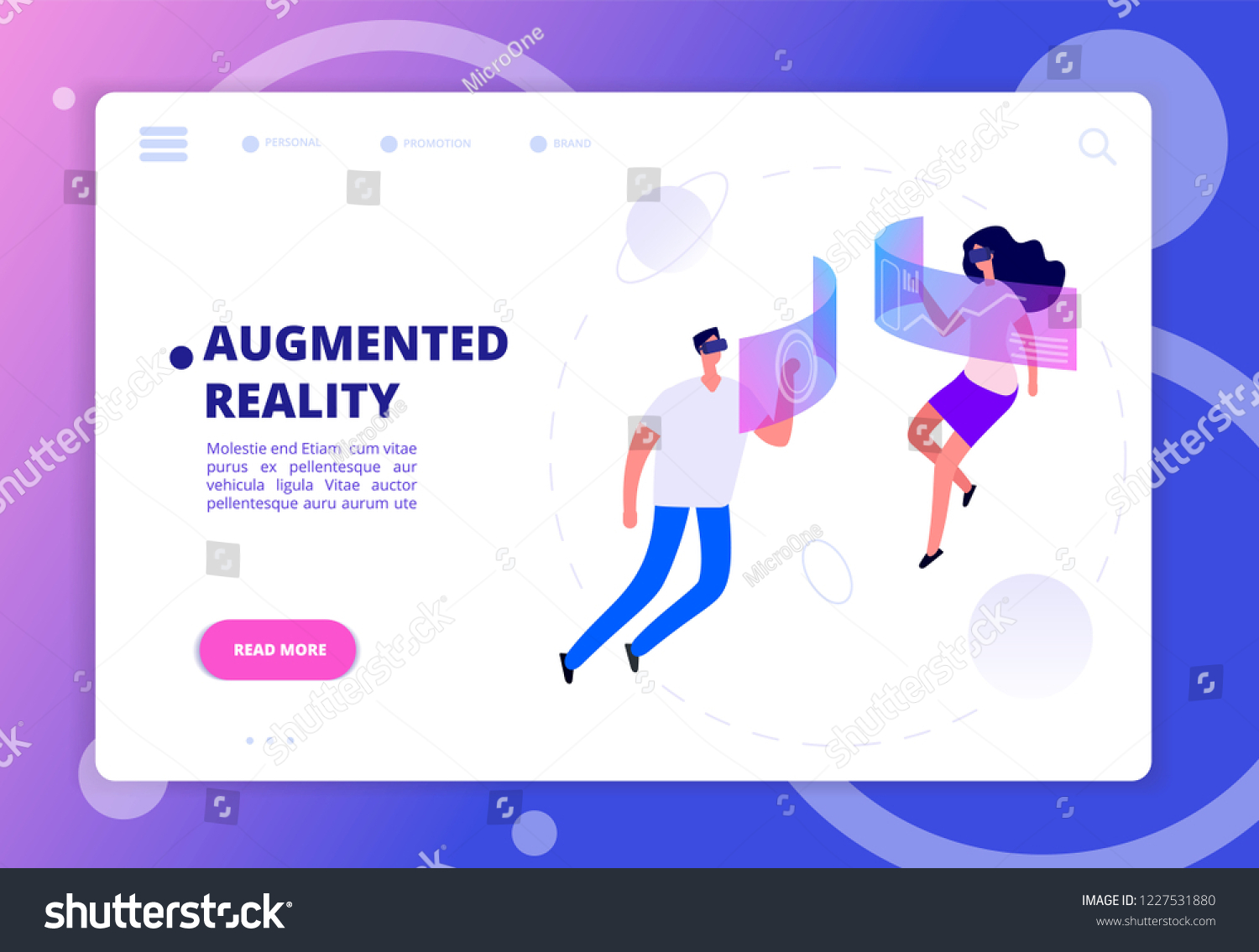 Augmented reality concept. Persons in vr headsets and goggles. Futuristic virtual reality vector banner