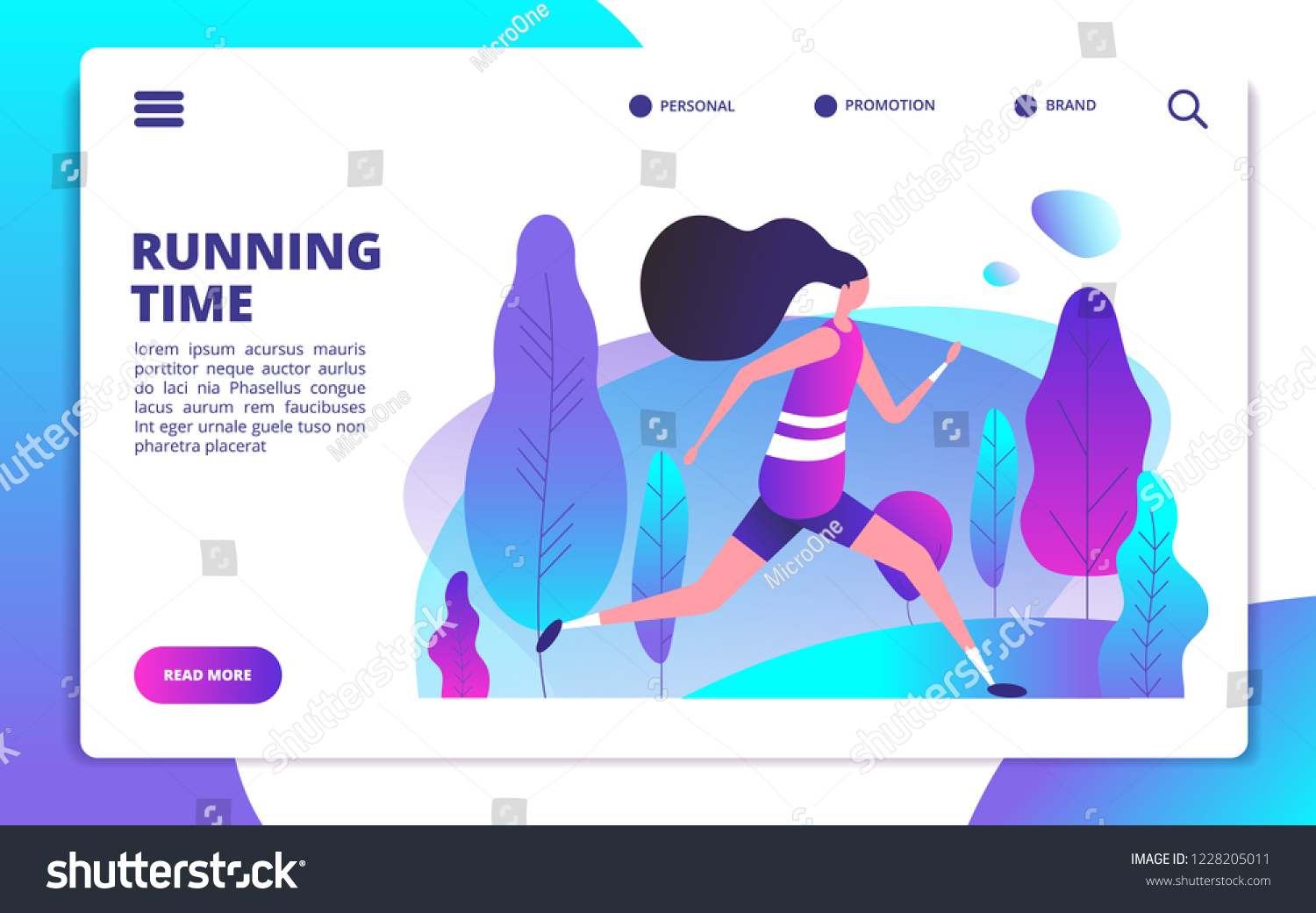 Fitness landing page. Sporty girl running in summer park. Healthy people workout outdoor. Sport lifestyle and training vector concept