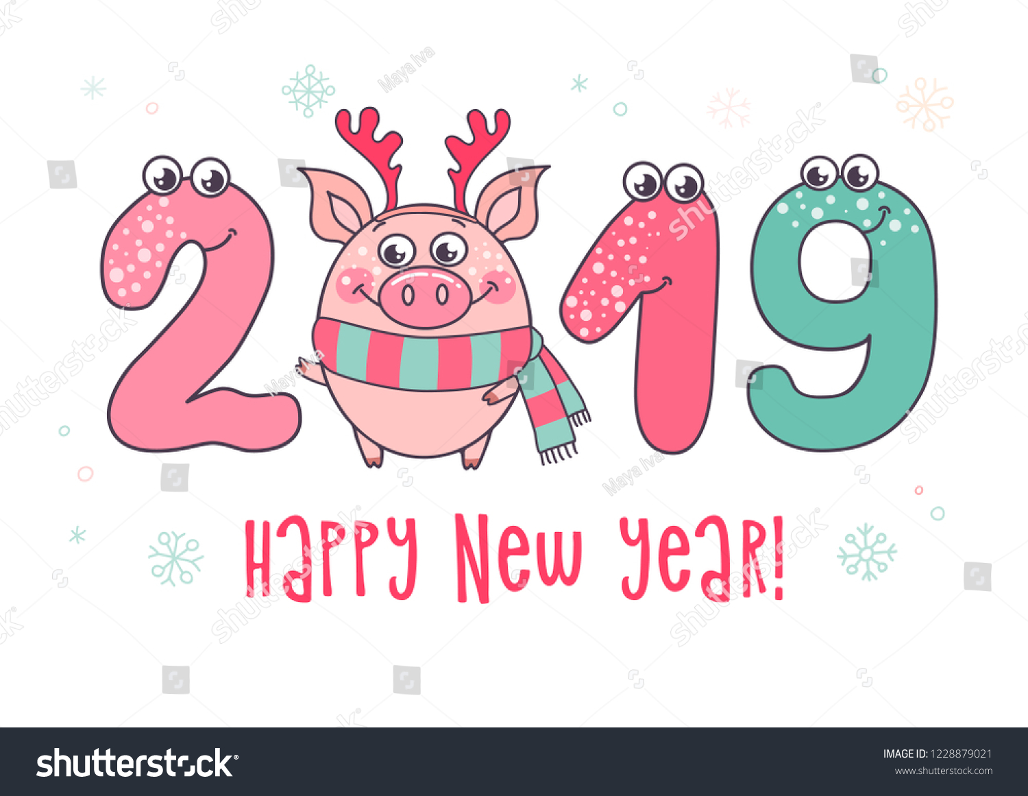 Cute card design with cartoon funny pig and with smiling numerals and opened eyes. Trendy symbol of 2019 new year. The best gift postcard. Vector illustration on white background.