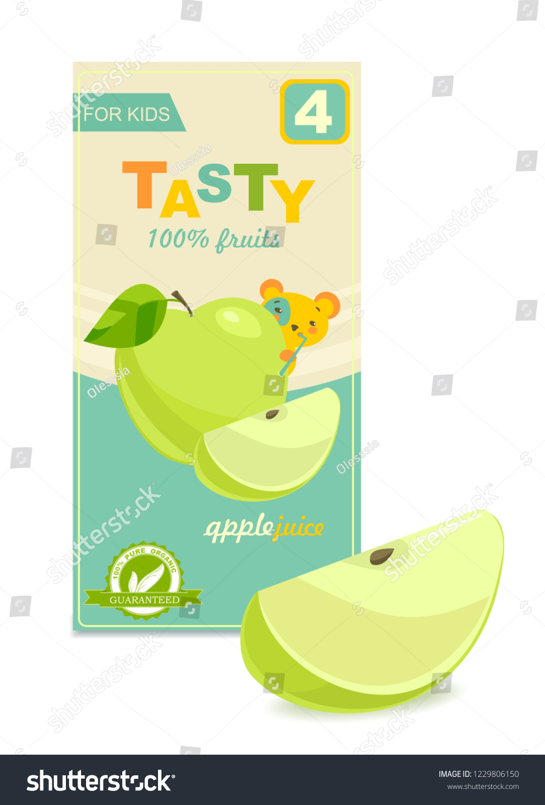 Apple juice package for baby. Cute kids design of label. Vector