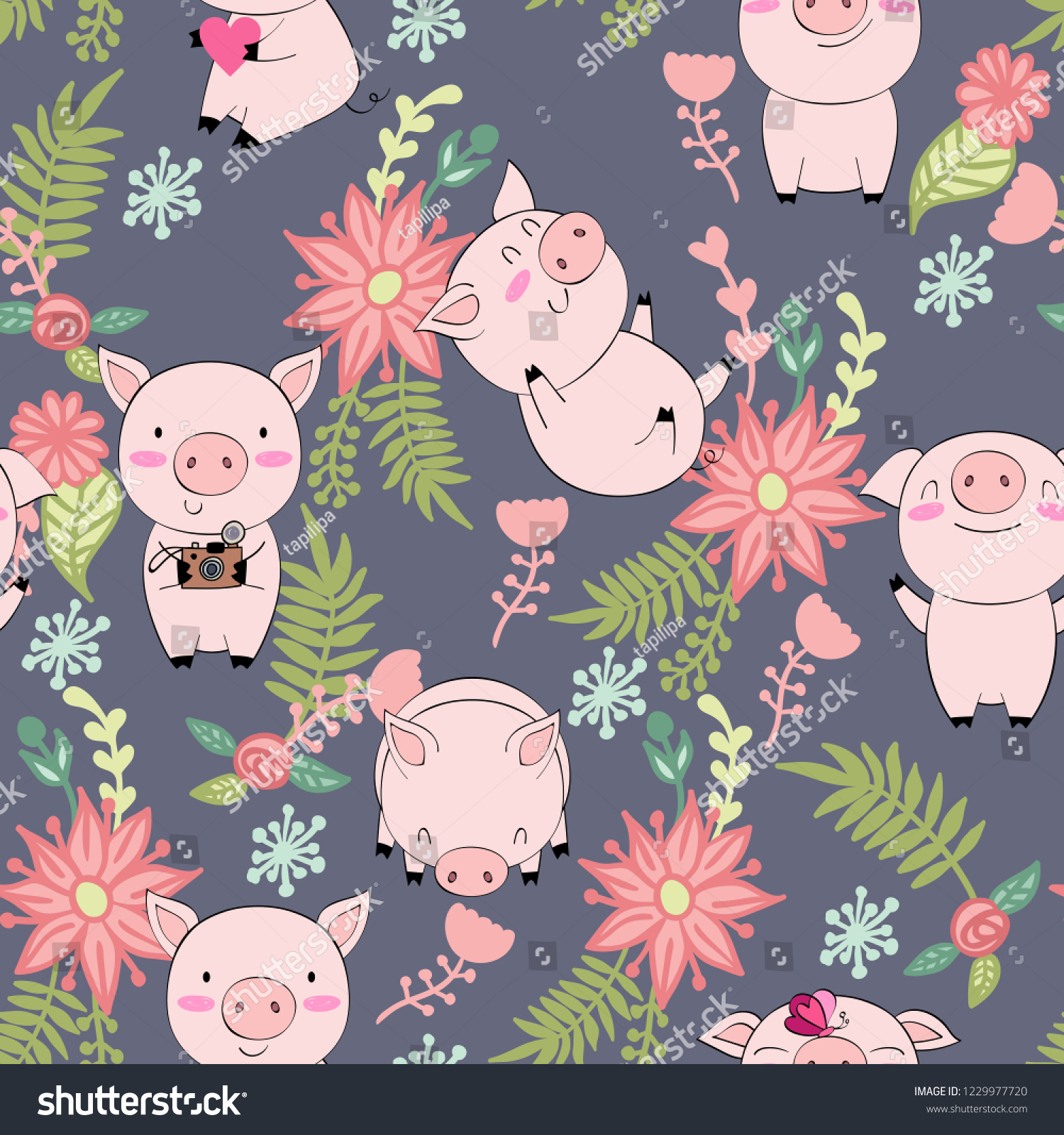 hand drawn vector seamless pattern with pigs.