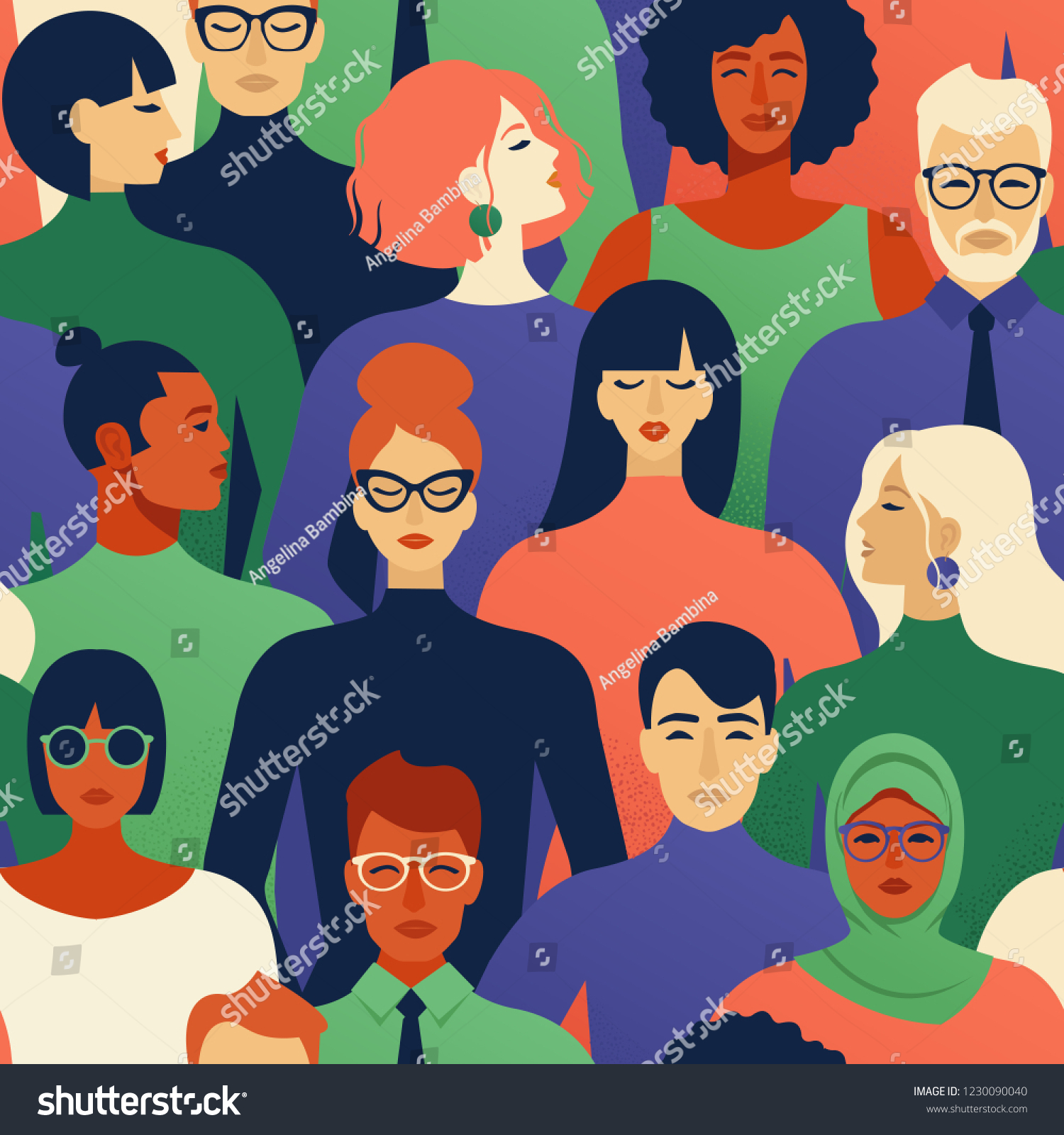 Seamless pattern of many different people races and religions profile heads Vector background.