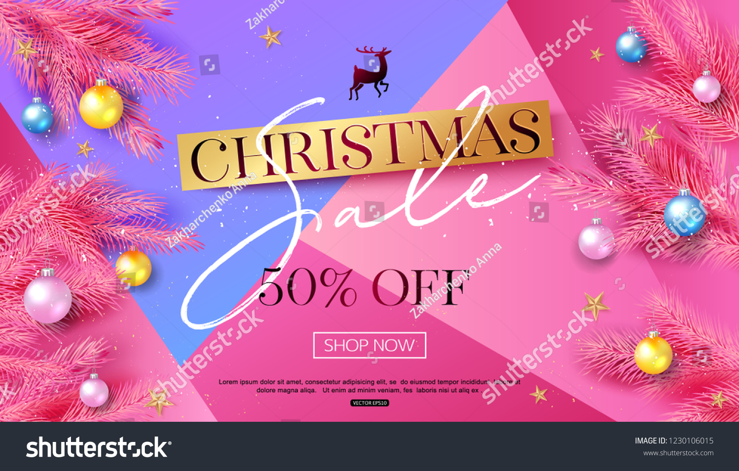 Christmas sale banner template with tree branch and colorful balls. Vector illustration