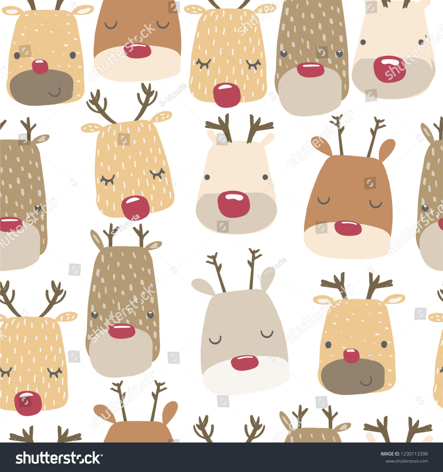 Seamless pattern with cute deer. Holiday background. Vector hand drawn illustration.