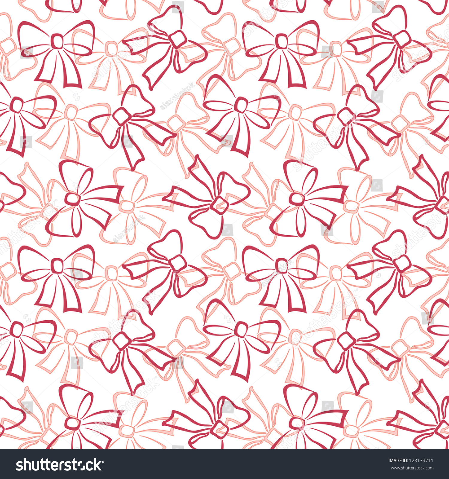 Abstract holiday seamless pattern with red and pink outline bows on white background.