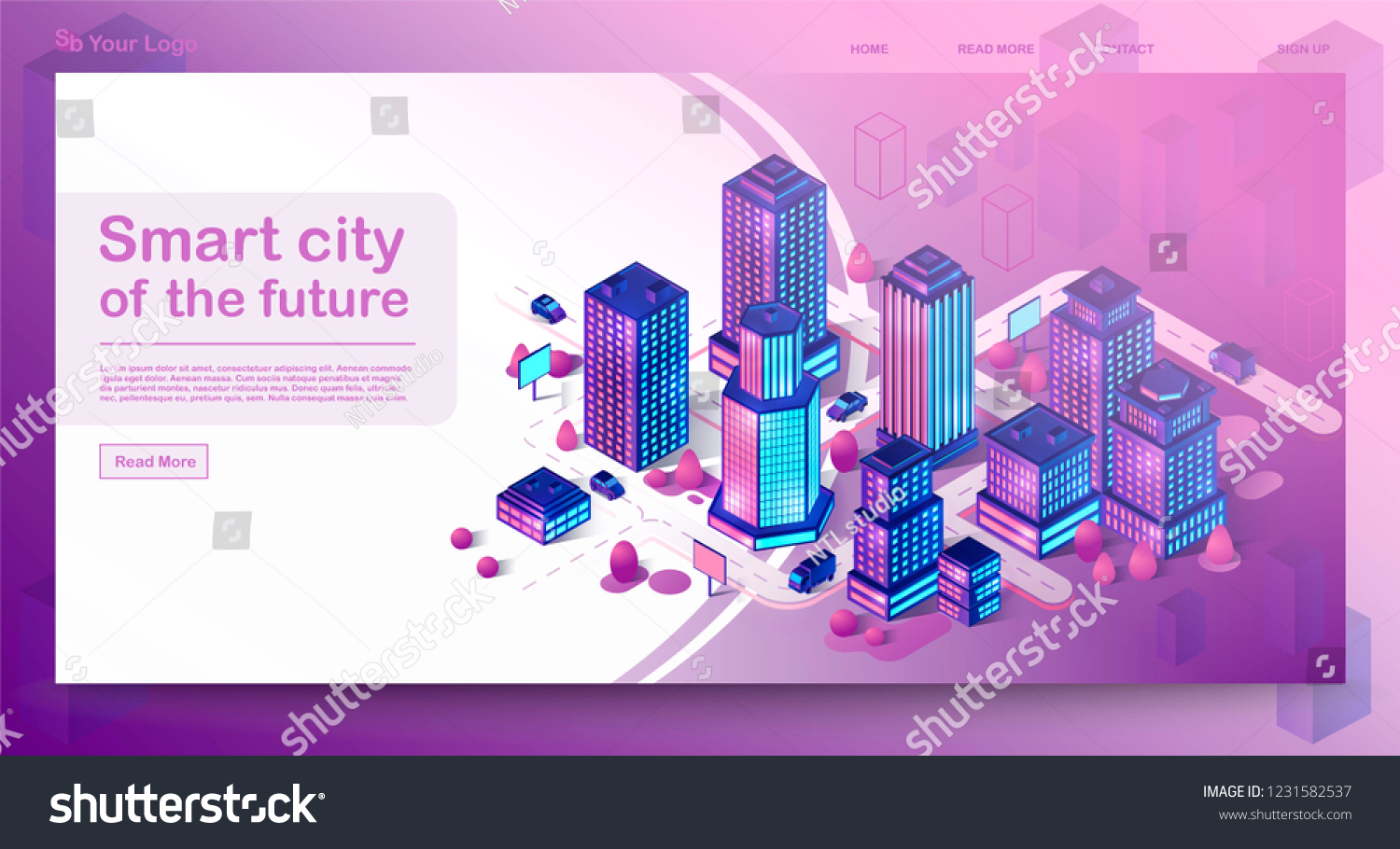 Smart city isometric architecture concept. Web banner with neon modern buildings. Futuristic city. 3d infographics. Intelligent buildings. Internet of things. Isolated vector illustration