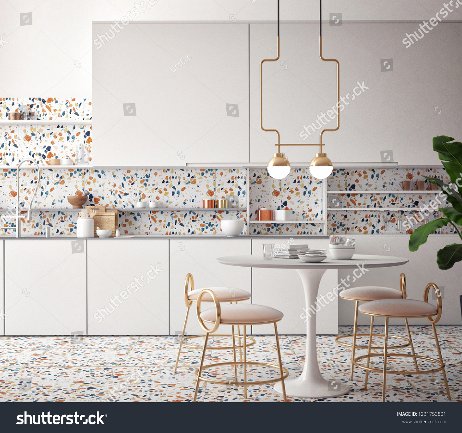Dining room and kitchen interior with terrazzo background  3D rendering  3D illustration
