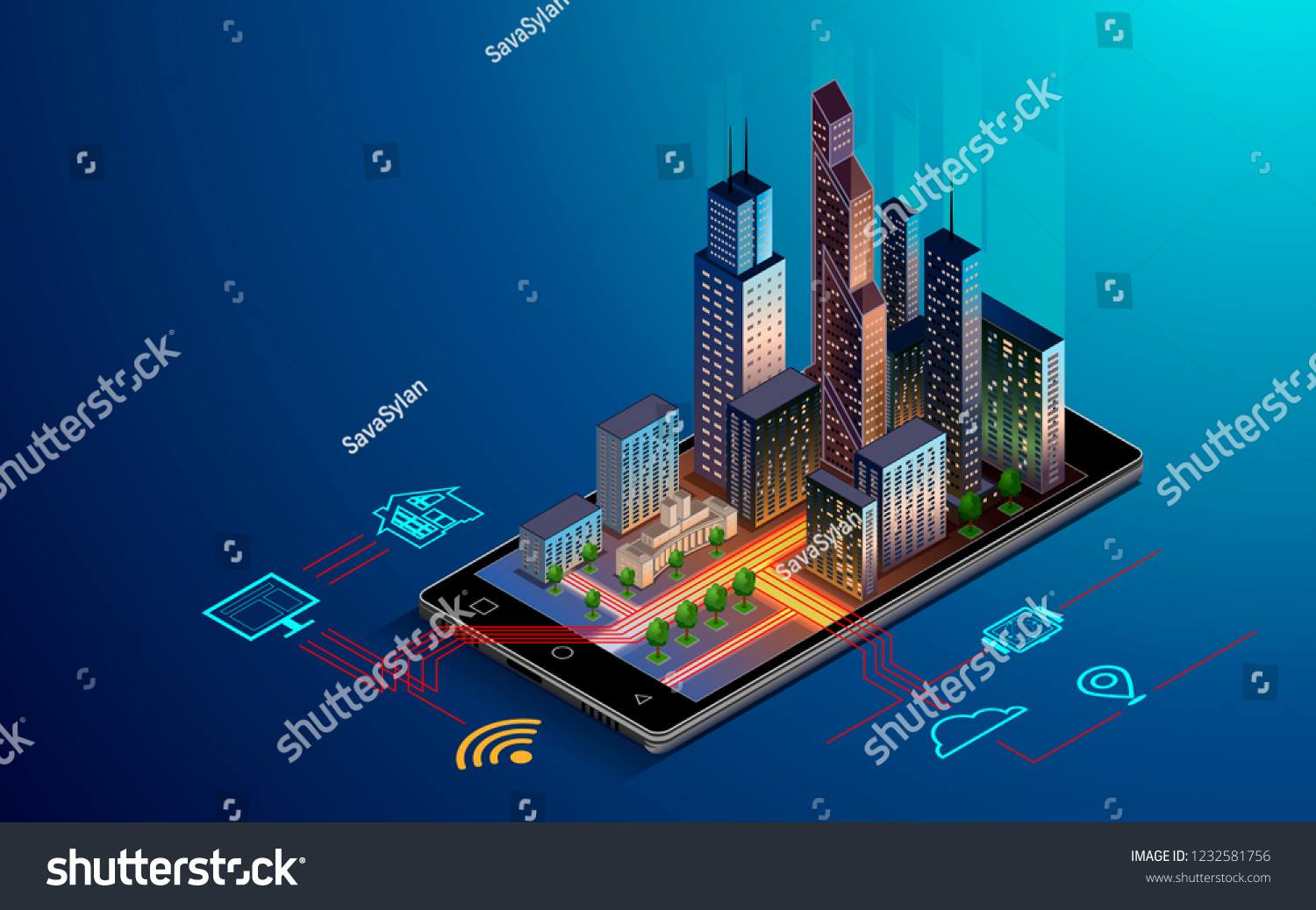 Smartphone with Smart city with smart services and icons  internet of things  networks and augmented reality concept   night city .
