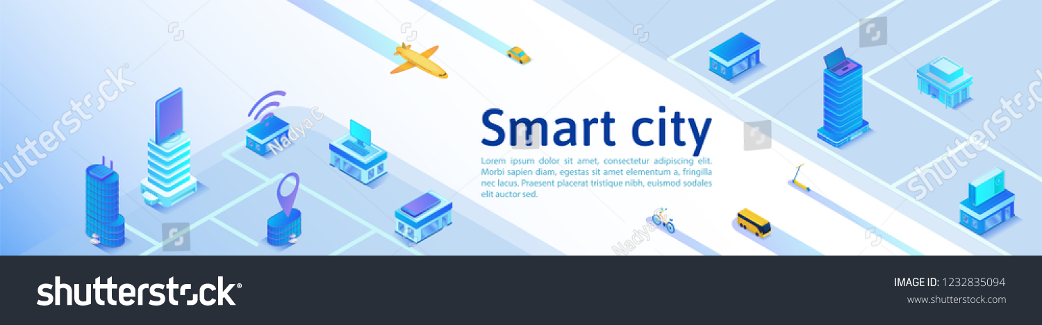 Smart city isometric banner  online transportation service  mobile app landing page template with intelligent buildings  smartphone  tablet  laptop  3d vector illustration