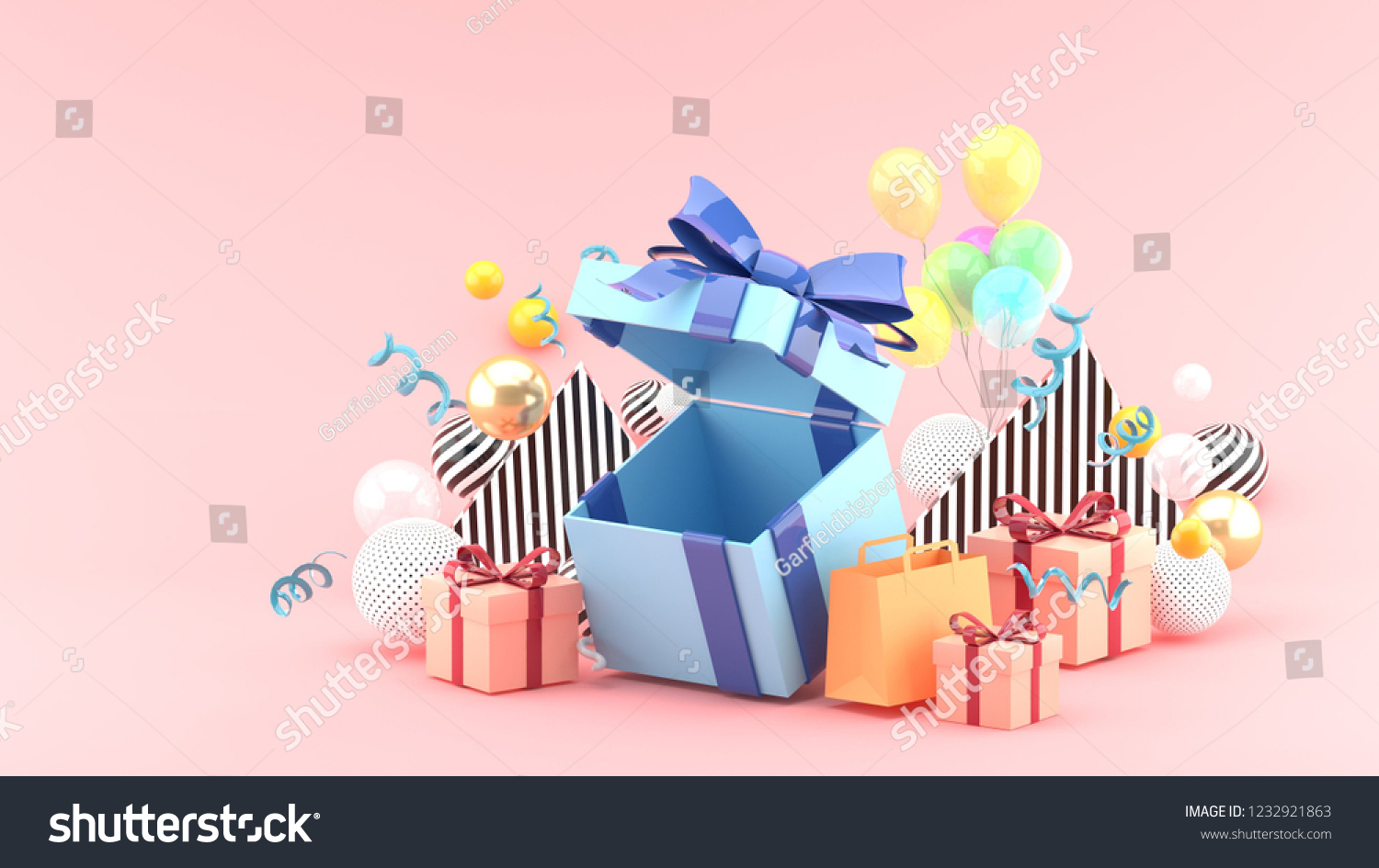 Gift Box and Shopping Bag amid colorful balls on pink background.-3d rendering.