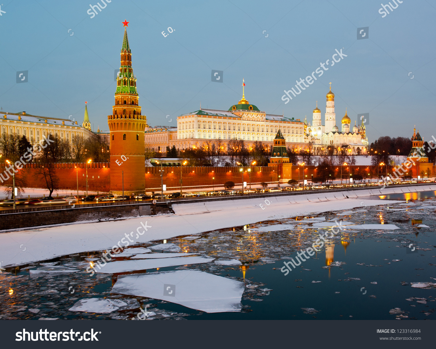 Winter evening in Moscow  Russia (The Grand Kremlin Palace and Kremlin wall)
