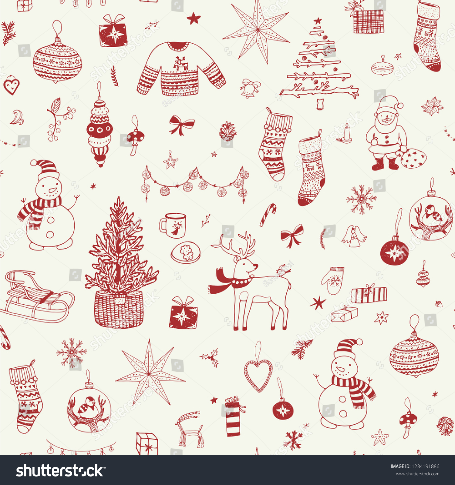 Christmas background seamless wrapping paper pattern with snowman fir-tree toys deer gifts