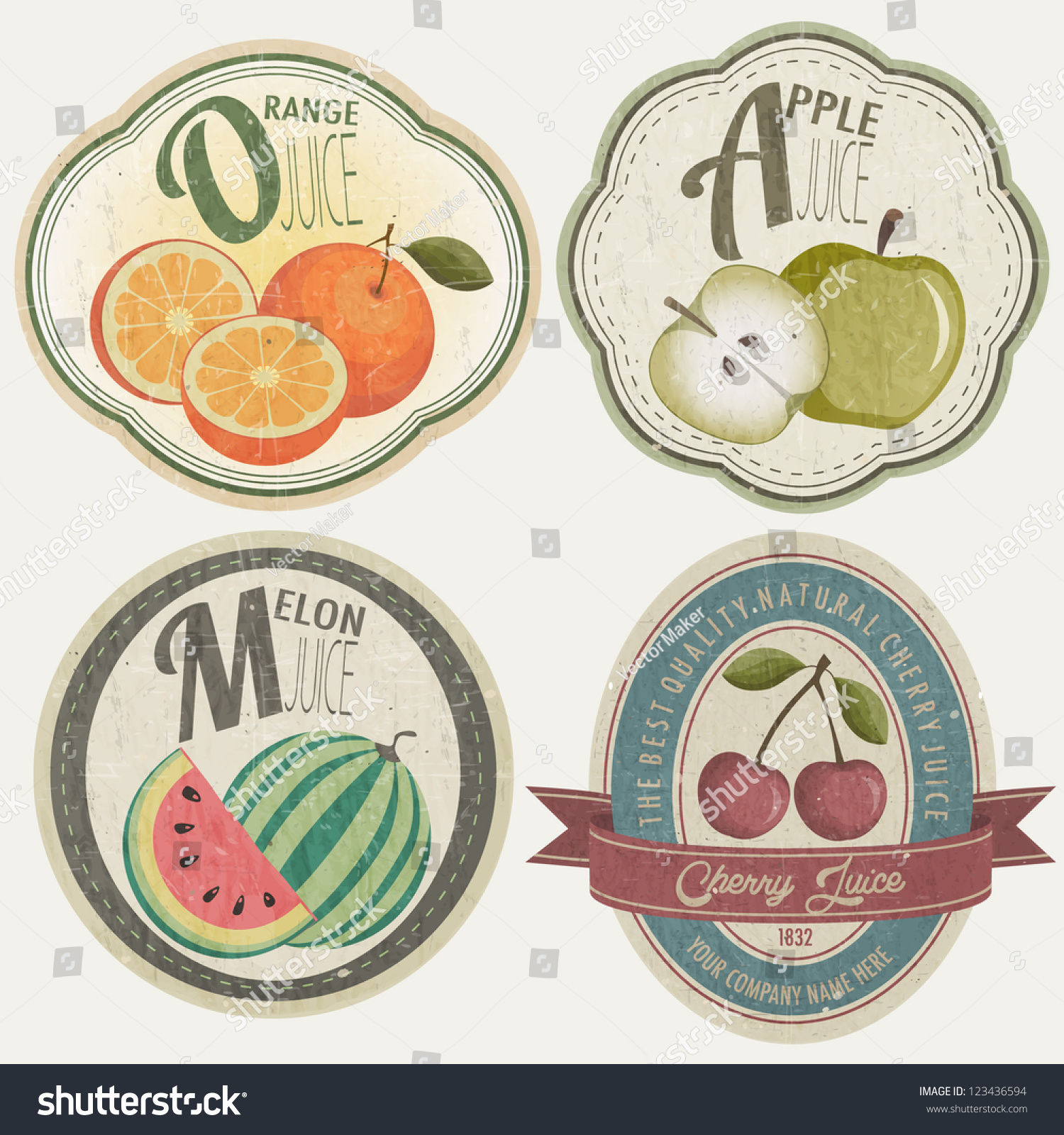 Vintage Label Collection with Fruit illustrations. Fruit label set in retro style. Orange  Apple  Cherries and Melon cartoon style illustrations.