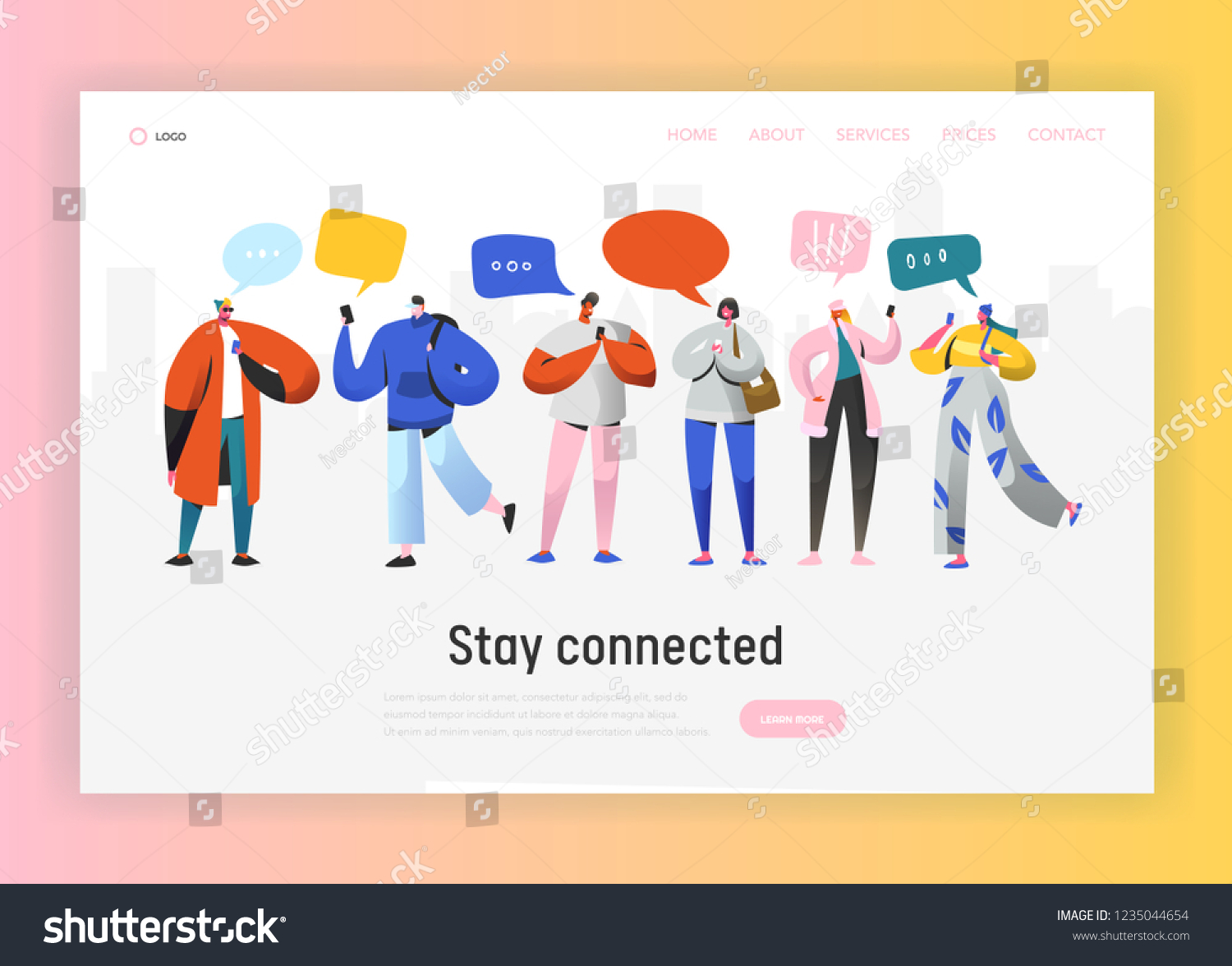 Social Network Landing Page Template. Group of Young People Characters Chatting Using Smartphone for Website or Web Page. Virtual Communication Concept. Vector illustration