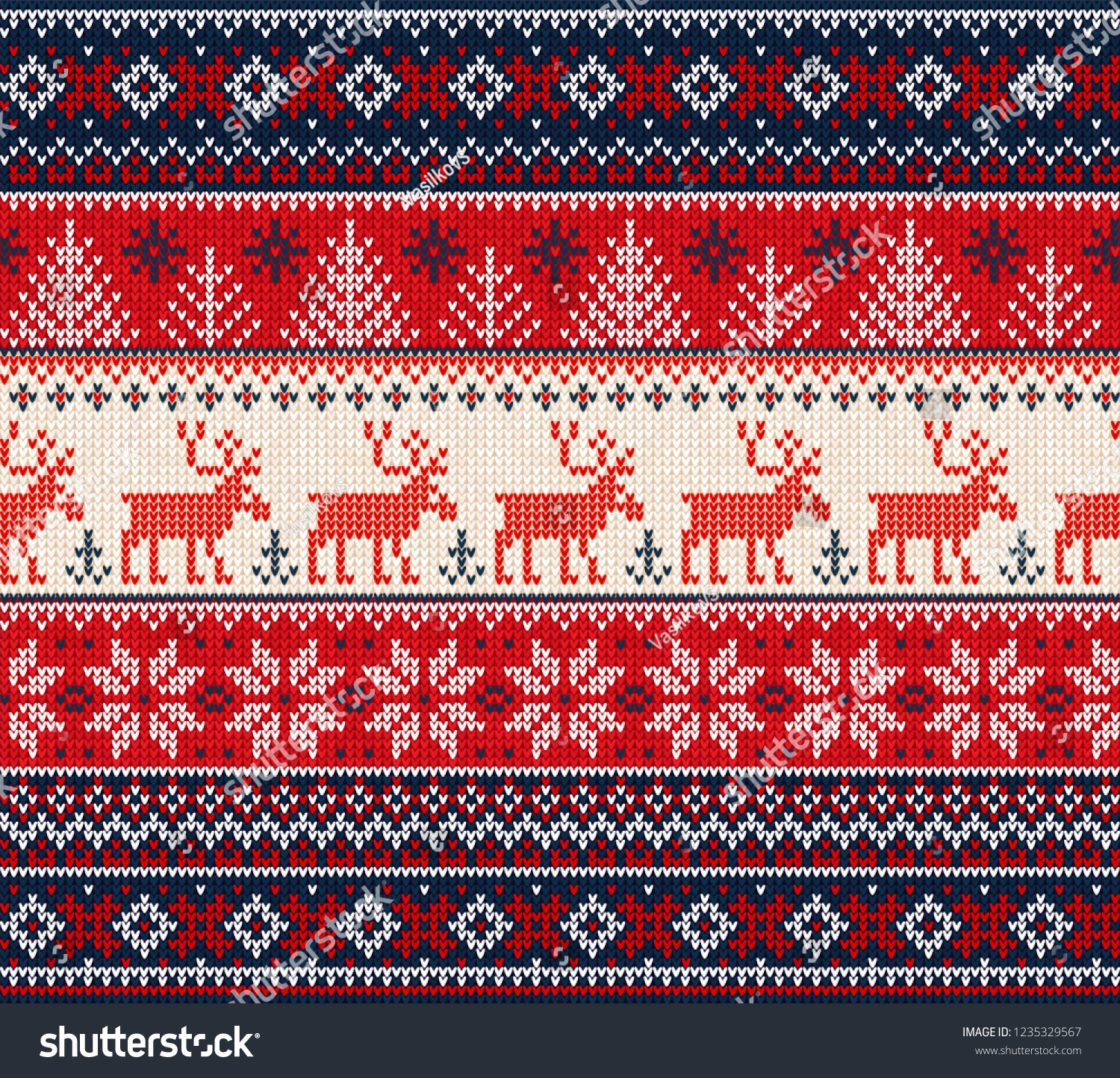 Ugly sweater Merry Christmas Happy New Year Vector illustration knitted background seamless pattern folk style scandinavian ornaments. Wallpaper wrapping paper textile print. White  red  blue colors.
