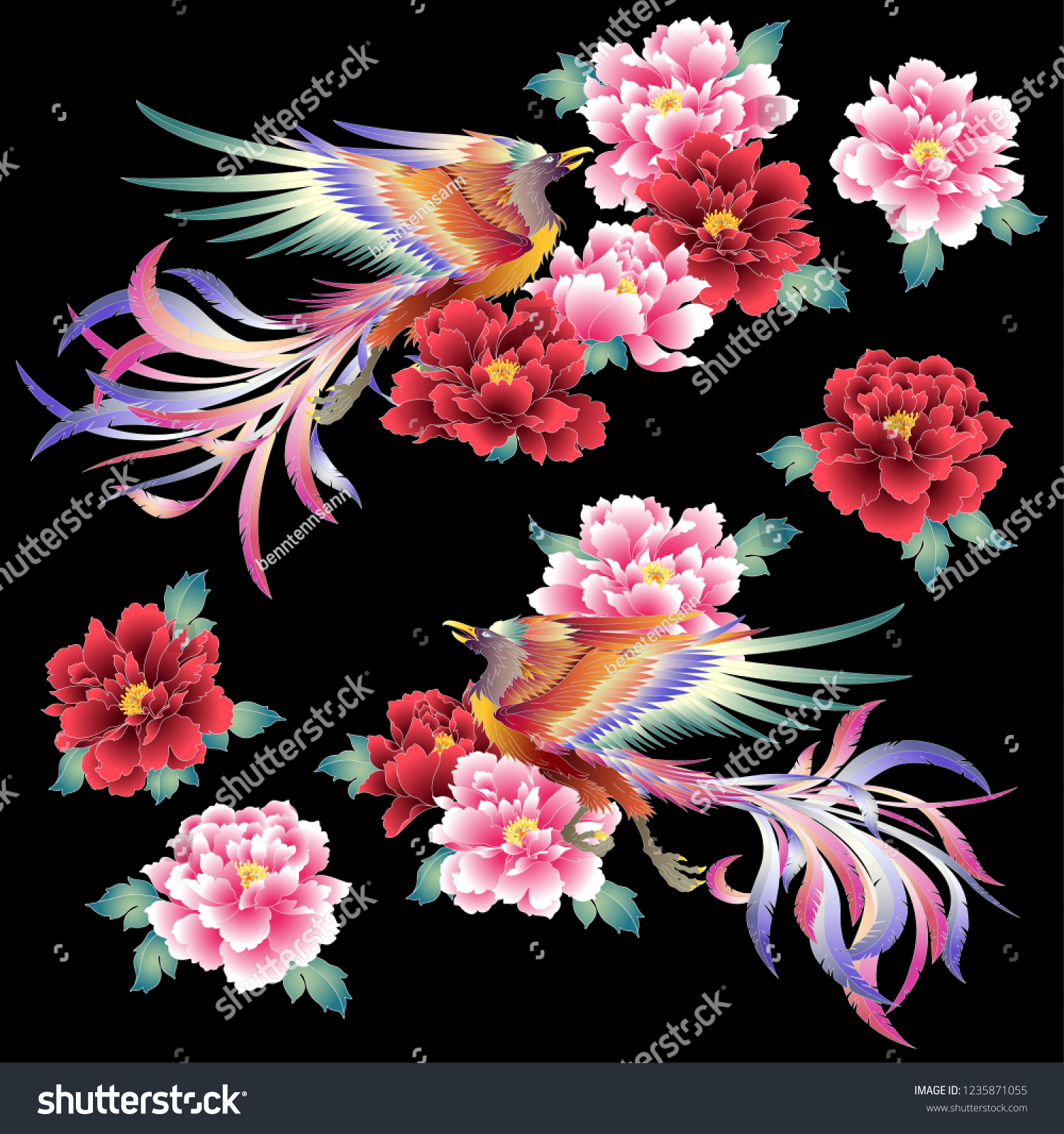 Illustration of a Chinese phoenix and the peony 