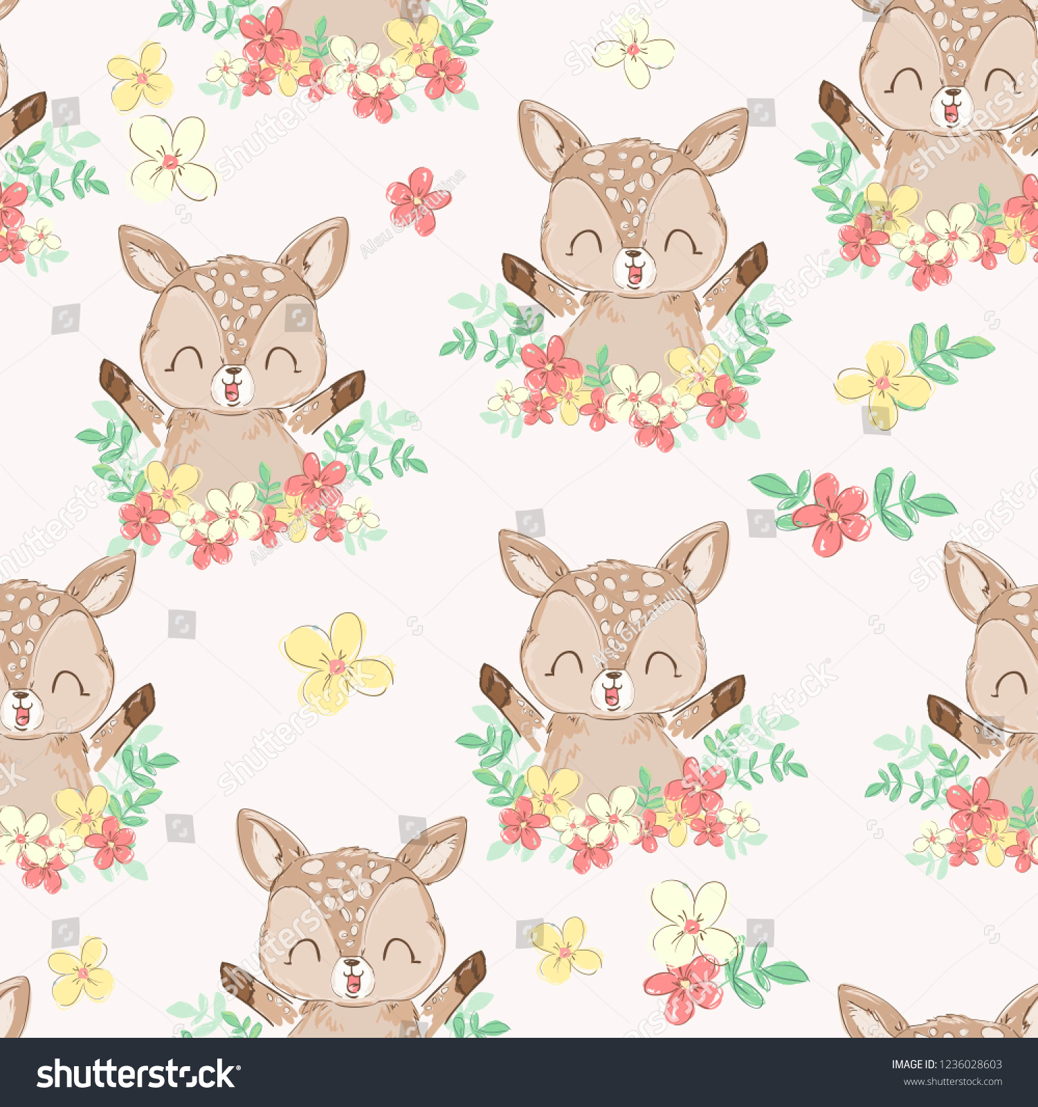 Children's print. Hand Drawn Cute Deer Pattern  print design background  children print textile design.