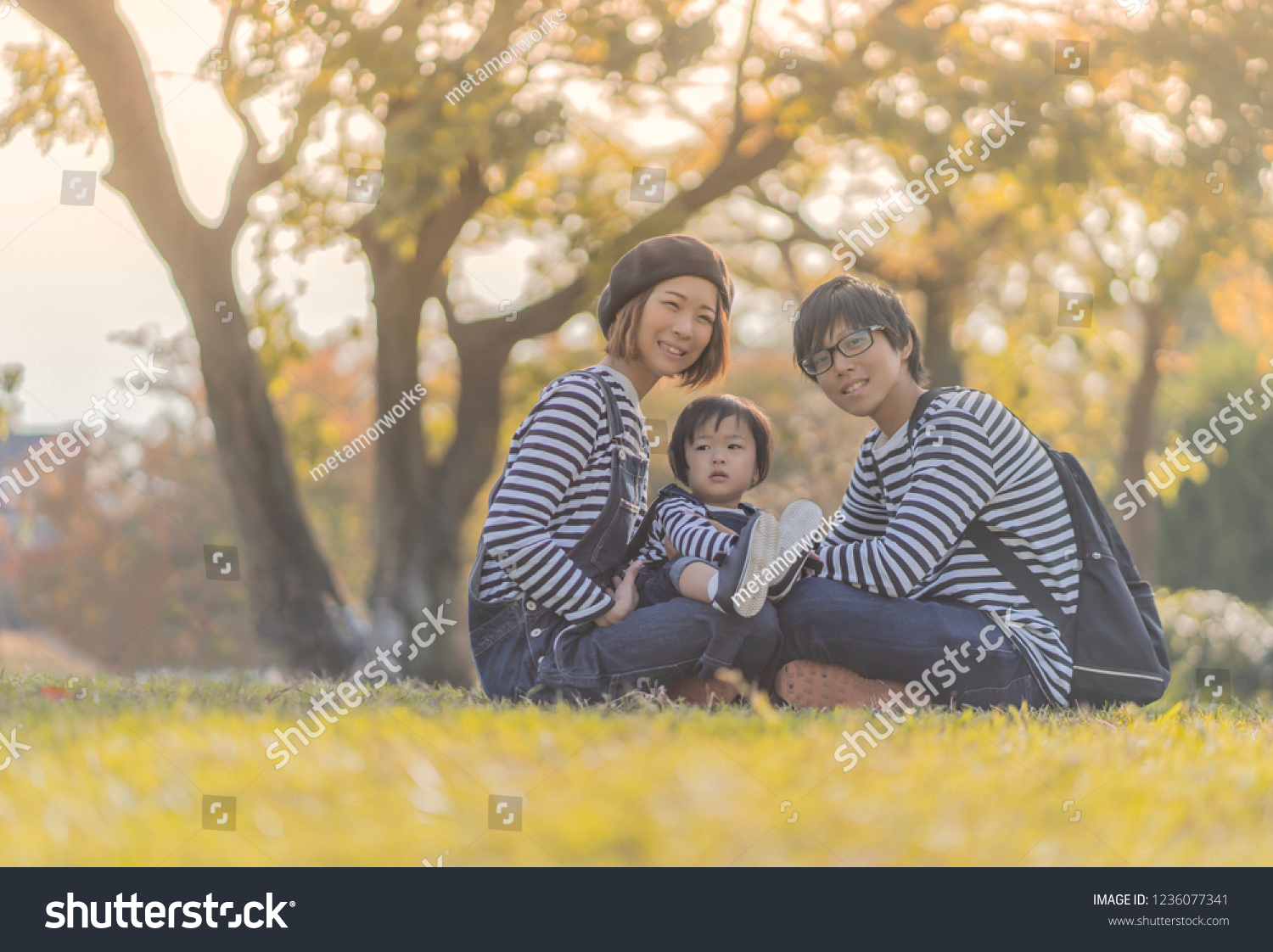 Parents and child in the park. Family ties concept.