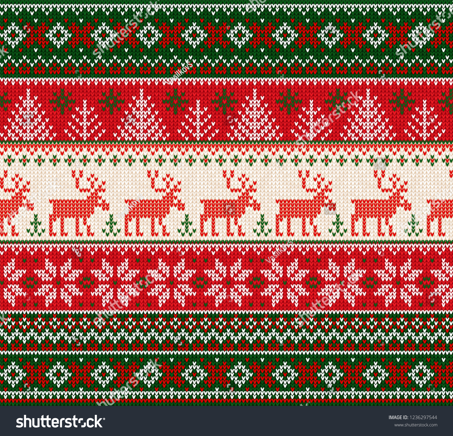 Ugly sweater Merry Christmas Happy New Year illustration knitted background seamless pattern folk style scandinavian ornaments. Wallpaper wrapping paper textile print. White red green colors.