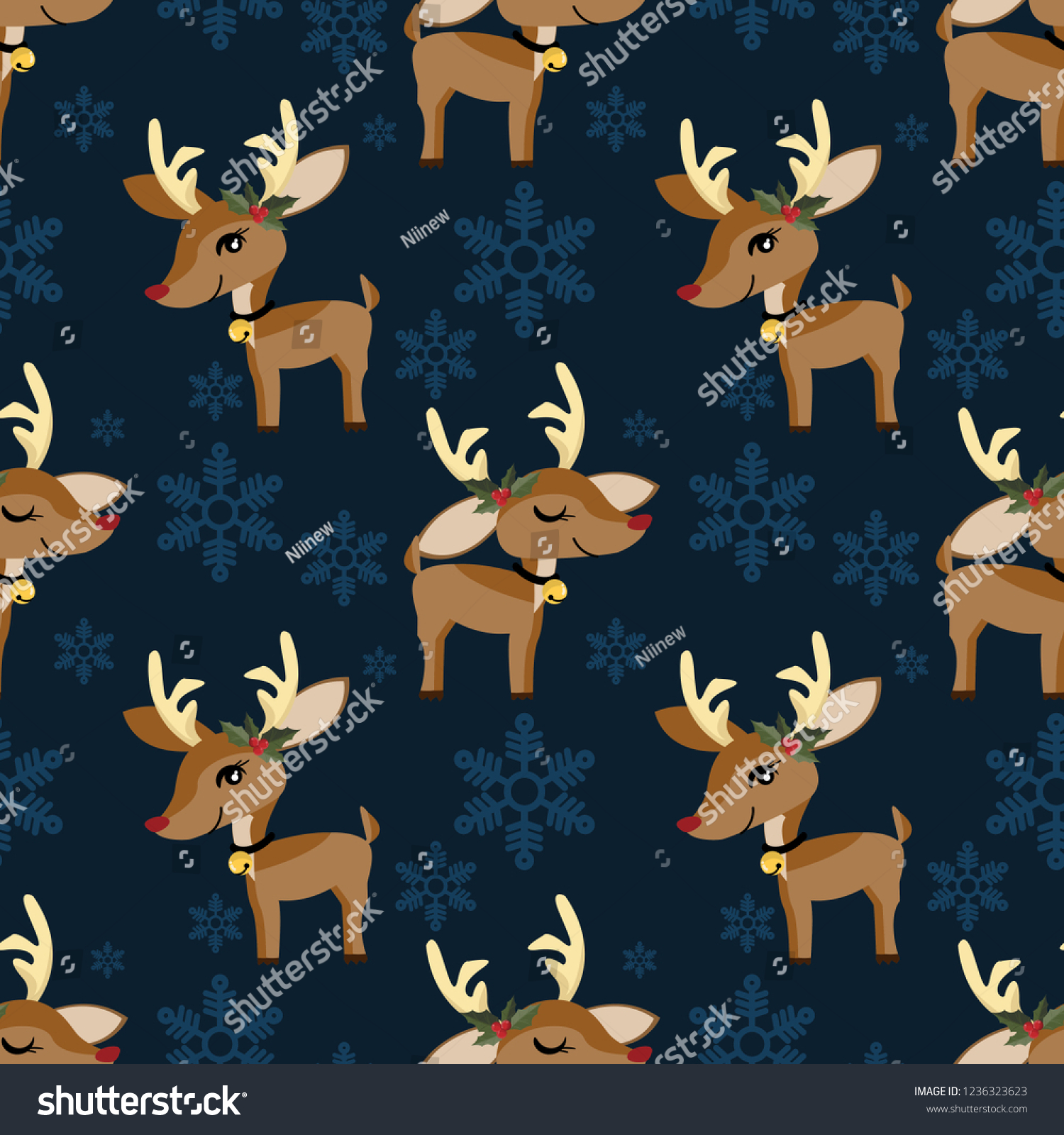 Cute Reindeer with holly berries seamless pattern. Cute Christmas holidays cartoon character background.