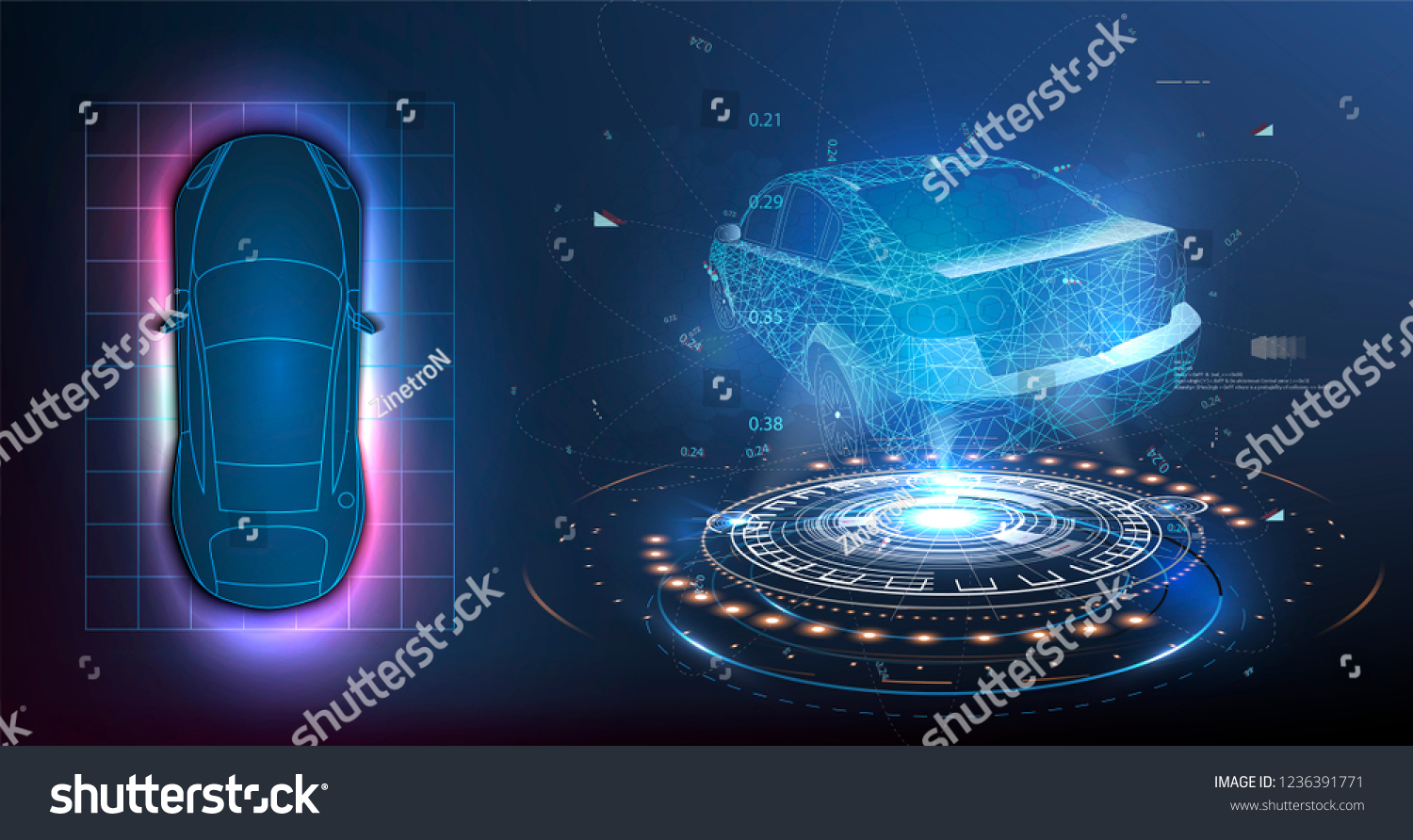HUD UI. Abstract virtual graphic touch user interface. Car service in the style of HUD .hologram of the car. Car projection.