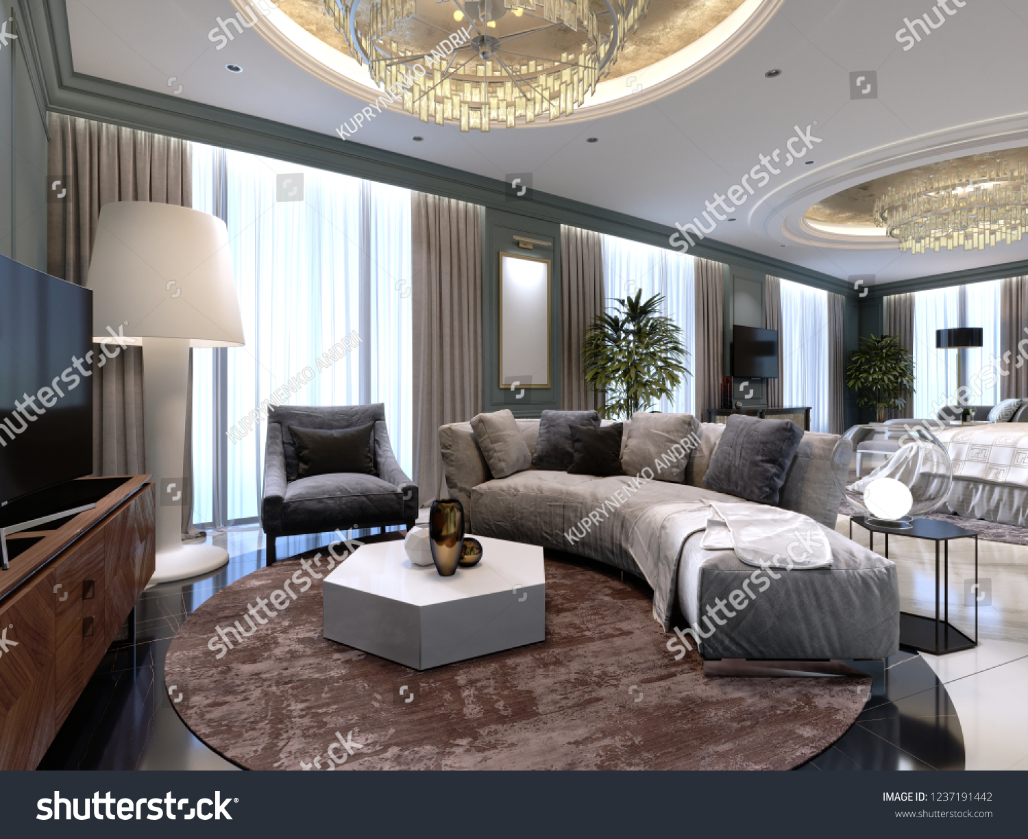Luxury presidential suite with a bedroom and a large bed and a living