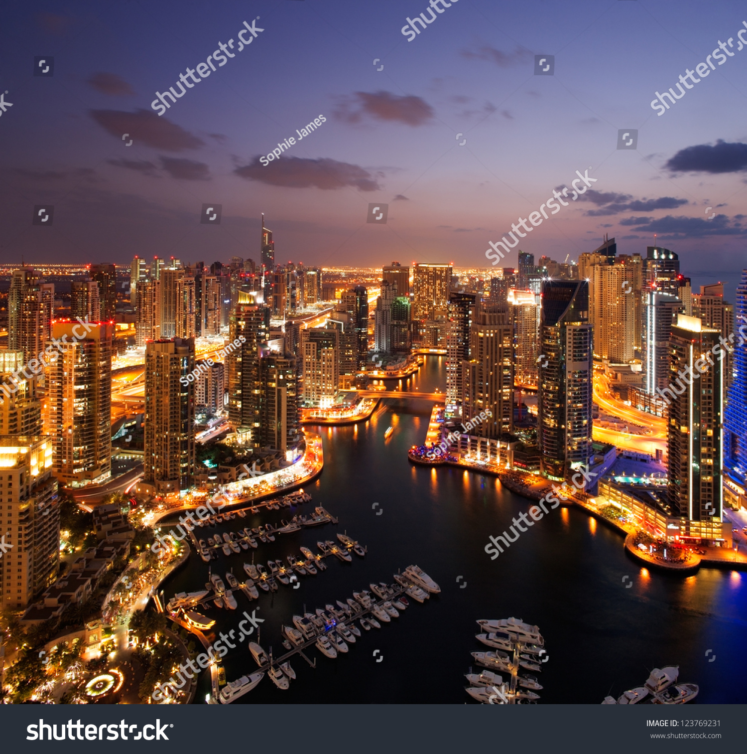 A view of Dubai Marina  at Dusk  also showing JBH