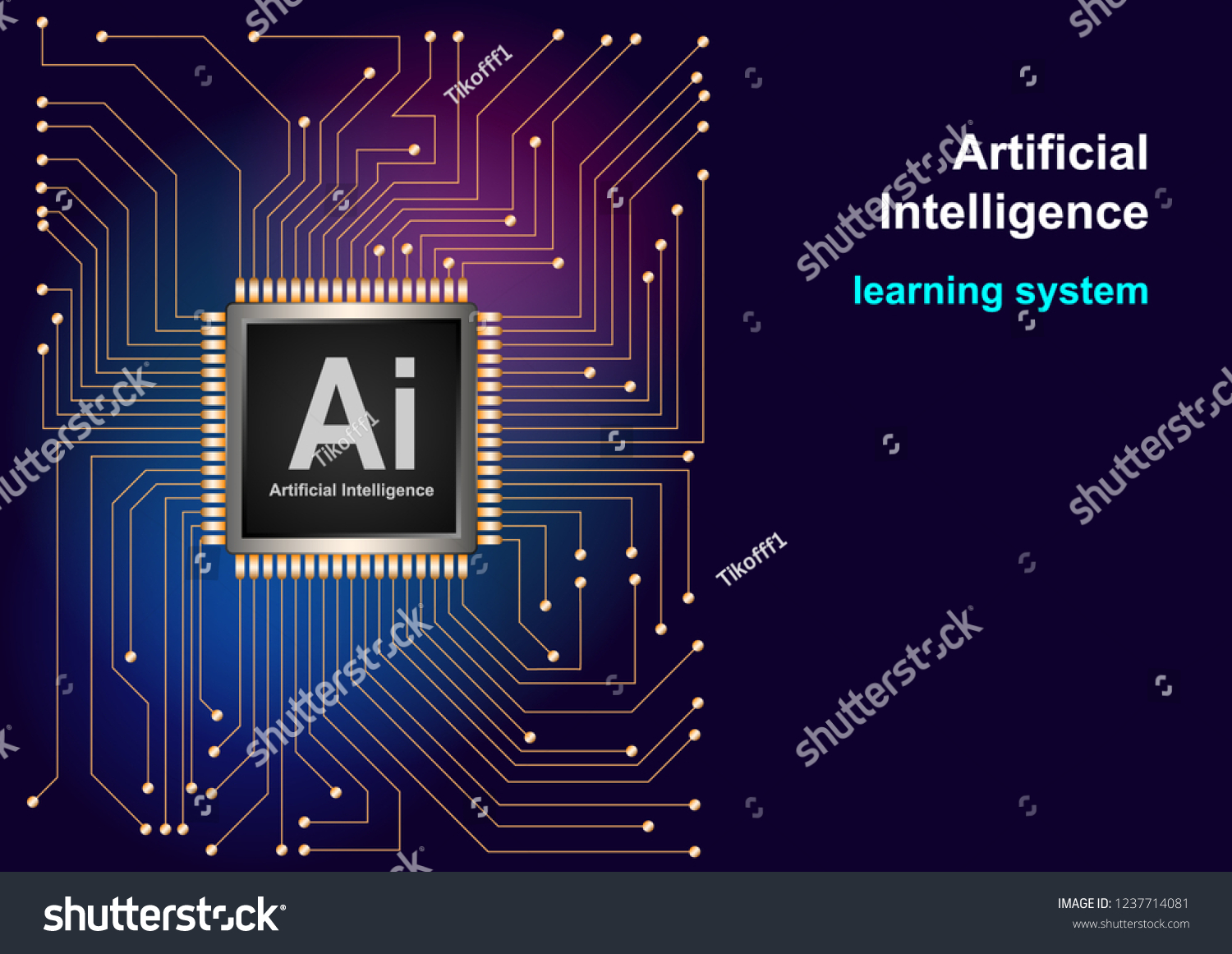 Artificial Intelligence (AI) landing system. High tech computer circuit board background. Website template for deep learning concept. Realistic 3d Vector Illustration
