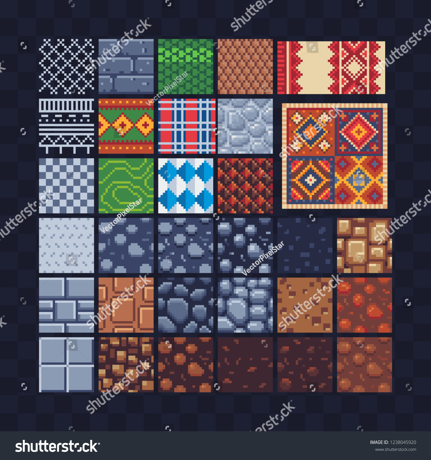 Different texture tile seamless pattern set  for pixel art style game  ground or stone and turkish carpet oriental pattern. Isolated vector illustration. 8-bit. Design for stickers  logo  mobile app.