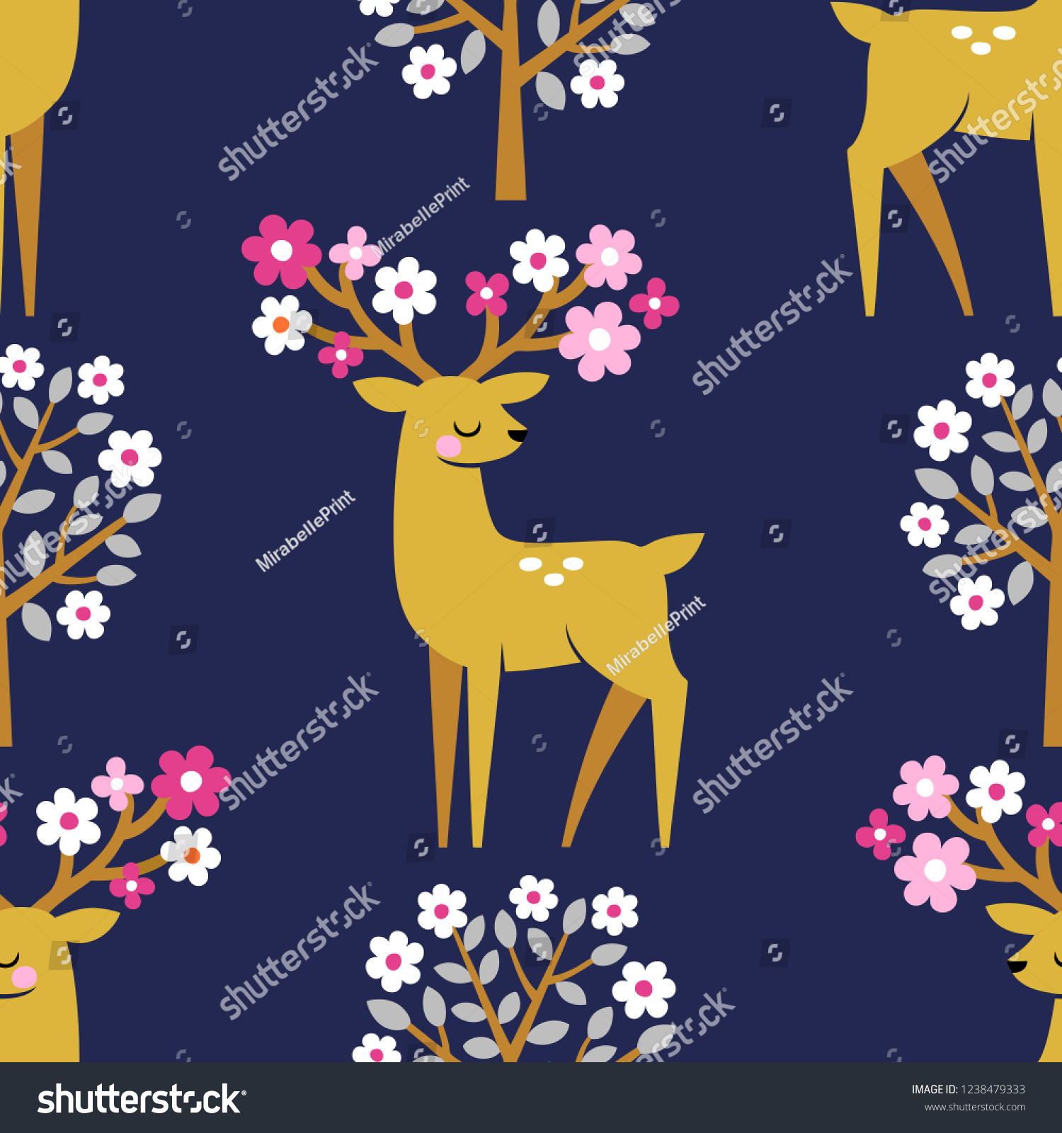 Seamless vector pattern with cute deers and blooming trees on dark blue background. 