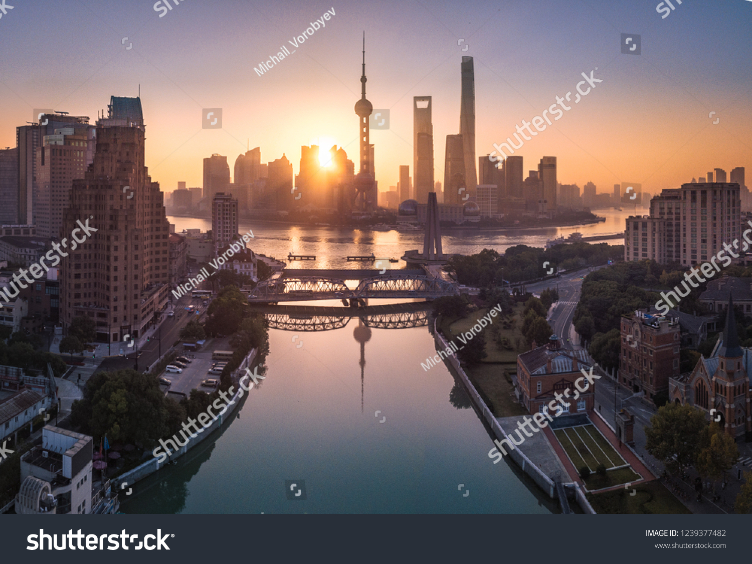 Sunrise panoramic view of Waibaidu Bridge and The Bund  Shanghai