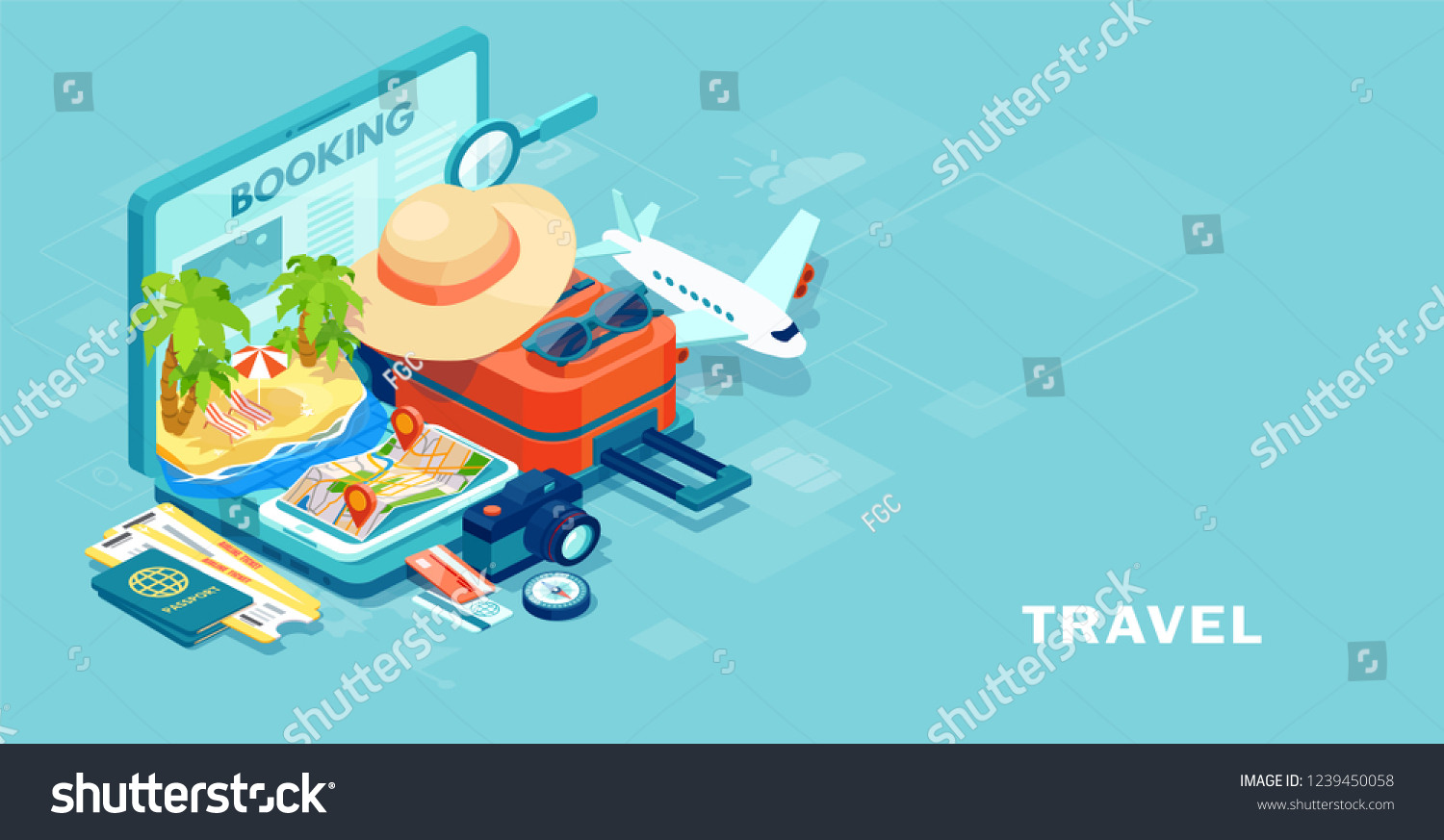 Tourism and booking app concept. Vector of travel equipment and luggage on a mobile laptop touch screen