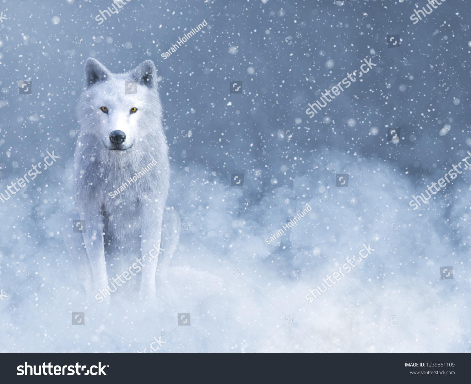 3D rendering of a majestic white wolf sitting down surrounded by magical snow.