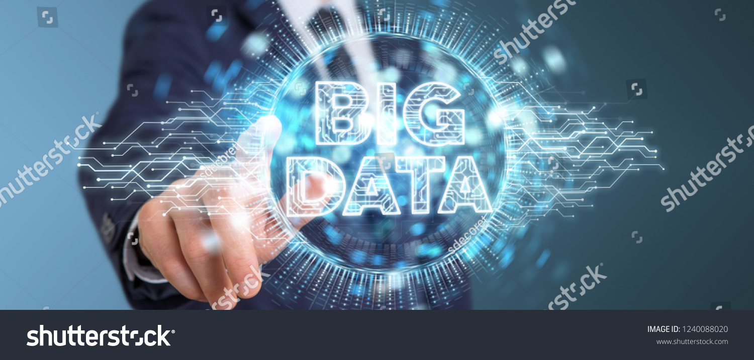 Businessman on blurred background using Big Data digital hologram 3D rendering