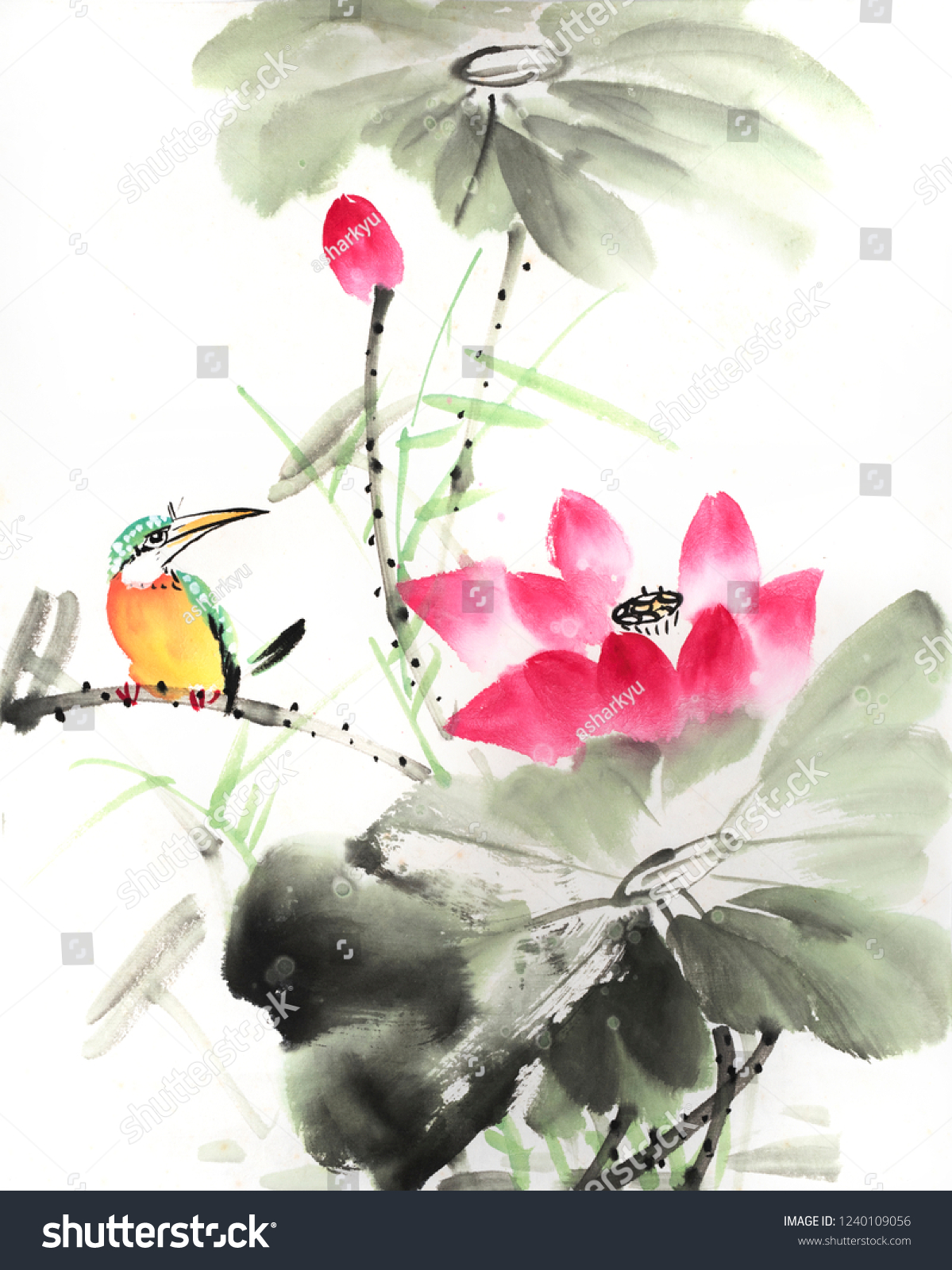 kingfisher and Lotus flower watercolor painting