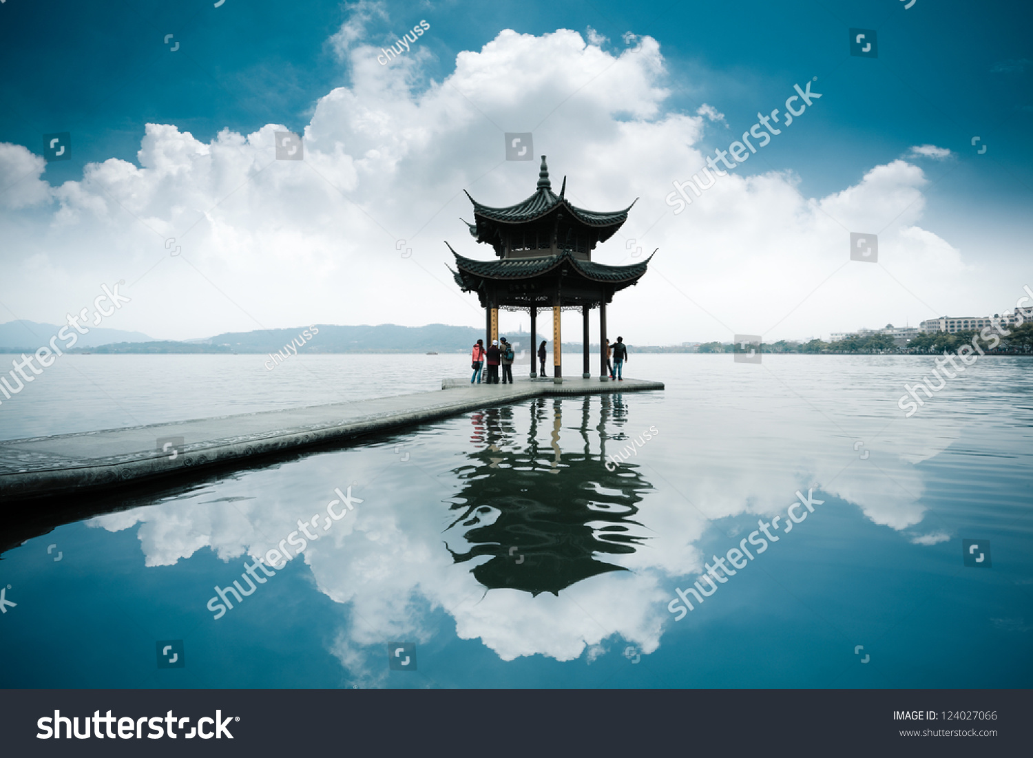 chinese ancient pavilion on the west lake in hangzhou