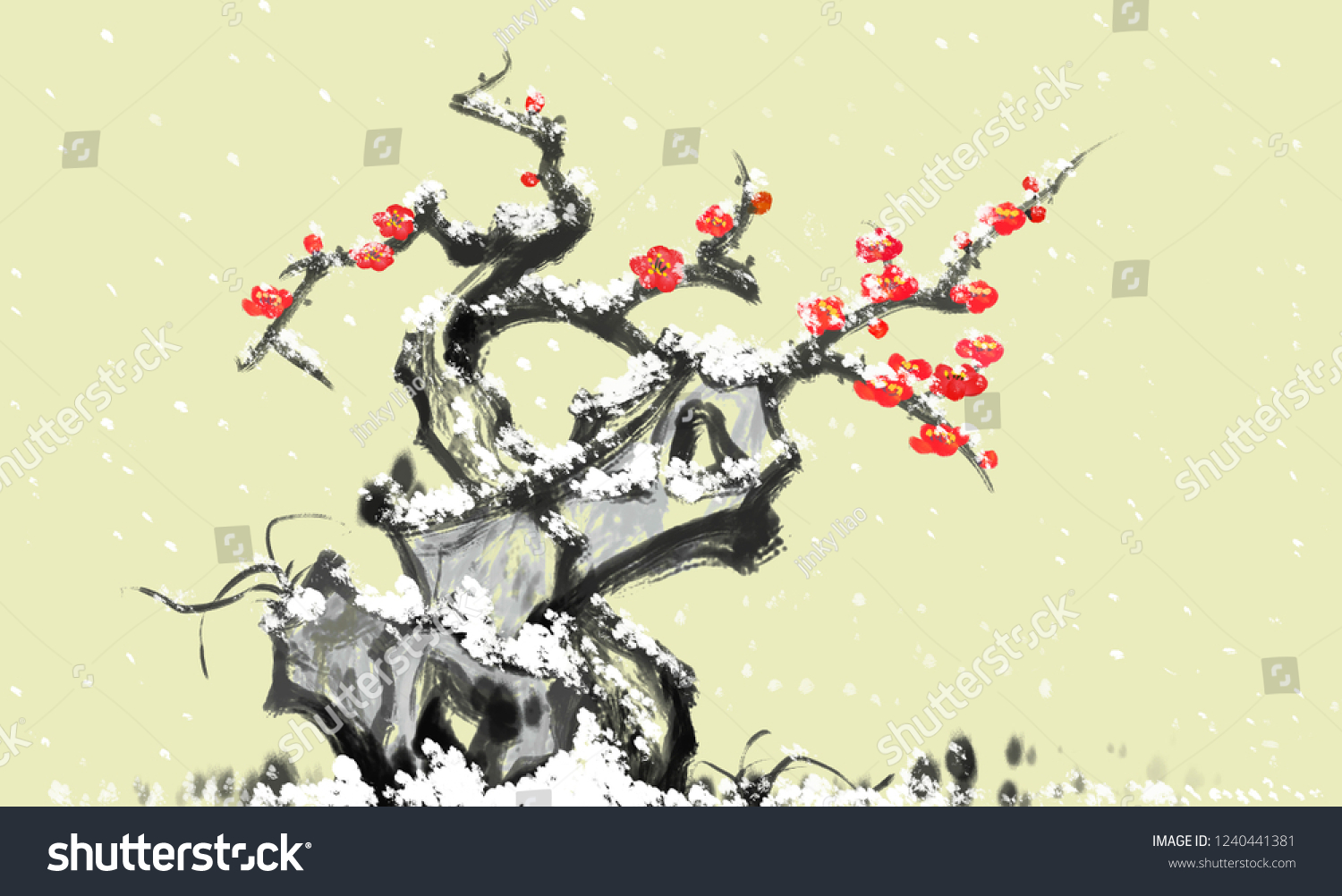 Stone snow plum Blossom Chinese painting
