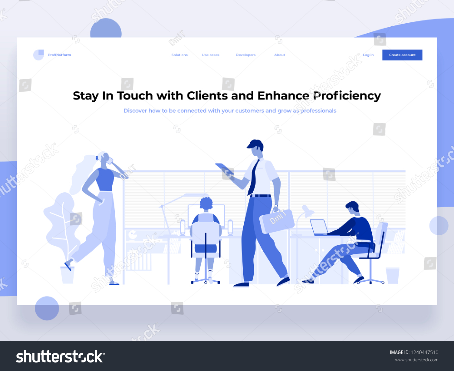 People work in a office and interact with devices. Business  workflow management and office situations. Landing page template. Flat vector illustration.