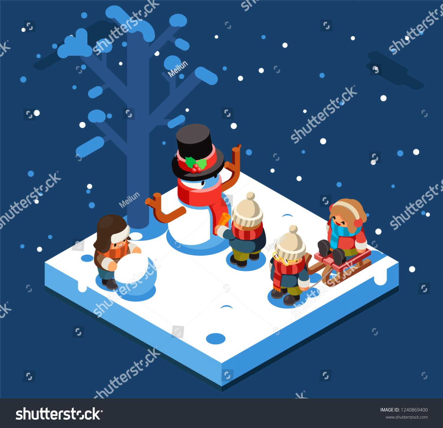 Winter games isometric kids making snowman snowball winter playing sleigh snow background flat design vector illustration