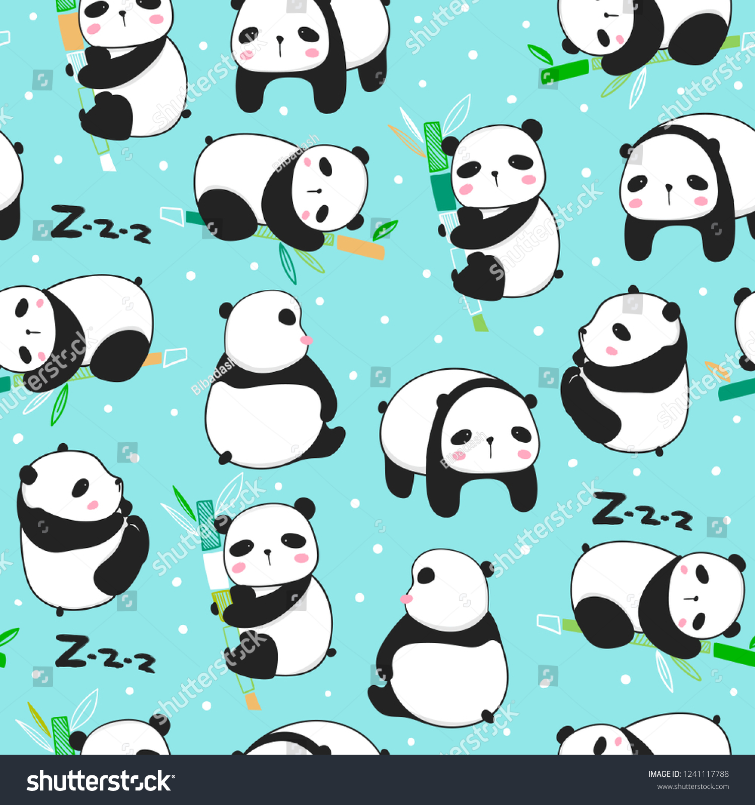 Kawaii panda bears. Cute pandas in various poses. Hand drawn colored vector seamless pattern. Blue background