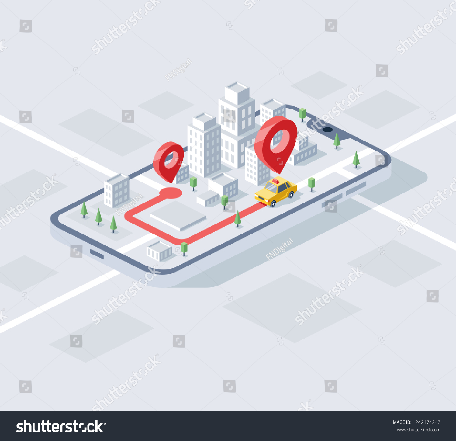 City taxi device app isometrics 3d illustration