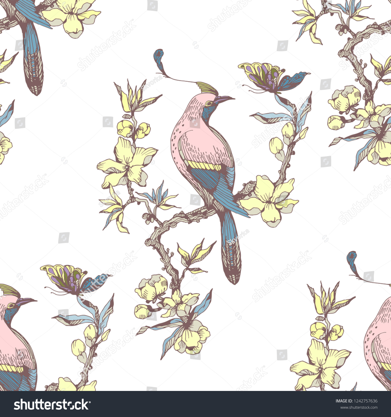Seamless pattern in chinoiserie style with birds  peonies  branch and leaves. Vector hand drawing illustration. Colorful on white background.