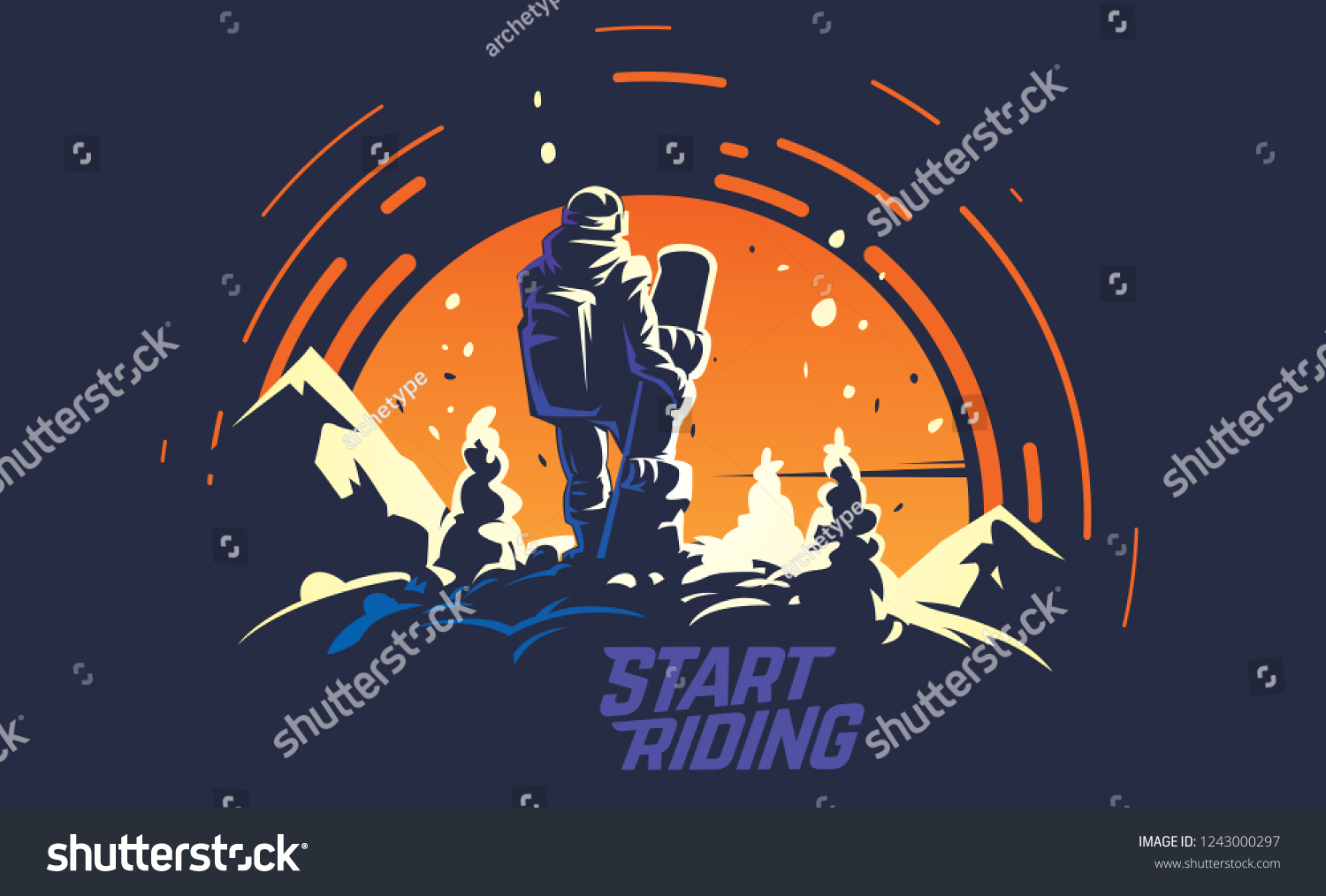 Back view of male snowboarder standing of the top of the hill opposite the big sun. Sports vector illustration