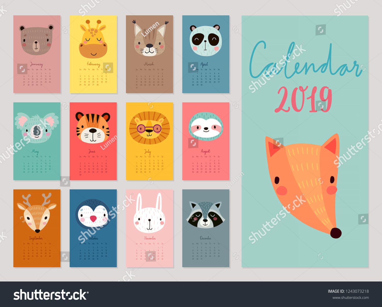 Calendar 2019. Cute monthly calendar with animals. Hand drawn characters. Vector illustration.