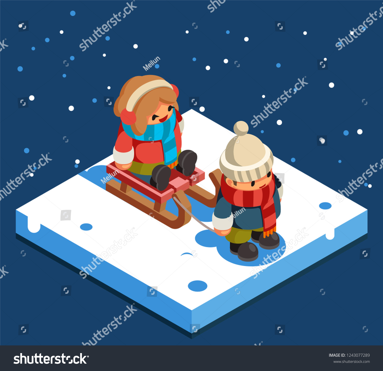 Kids isometric boy sledding girl sleigh winter snow background flat design vector illustration
