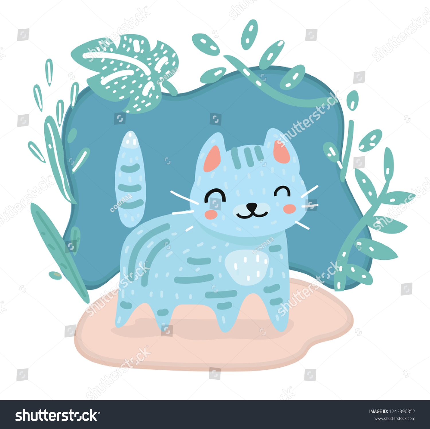 Vector cartoon illustration of Cute kawaii cat character. Cute character style on dark bacground decorated by floral element.